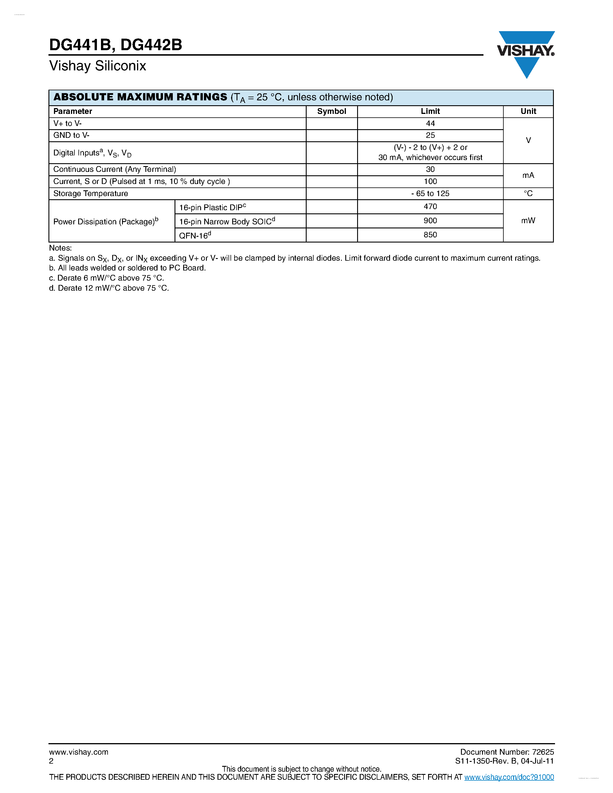Даташит DG441B - (DG441B / DG442B) Improved Quad SPST CMOS Analog Switches страница 2