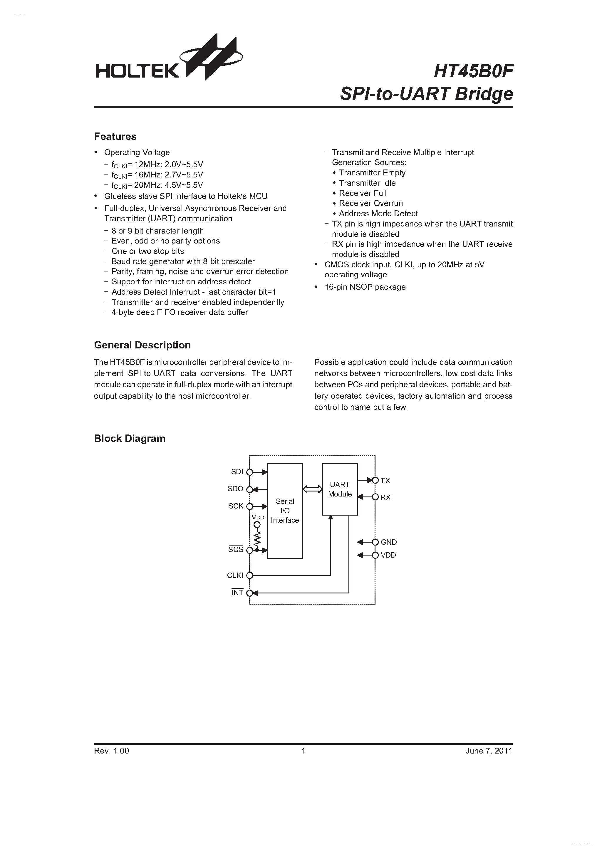 Datasheet HT45B0F - SPI-to-UART Bridge page 1