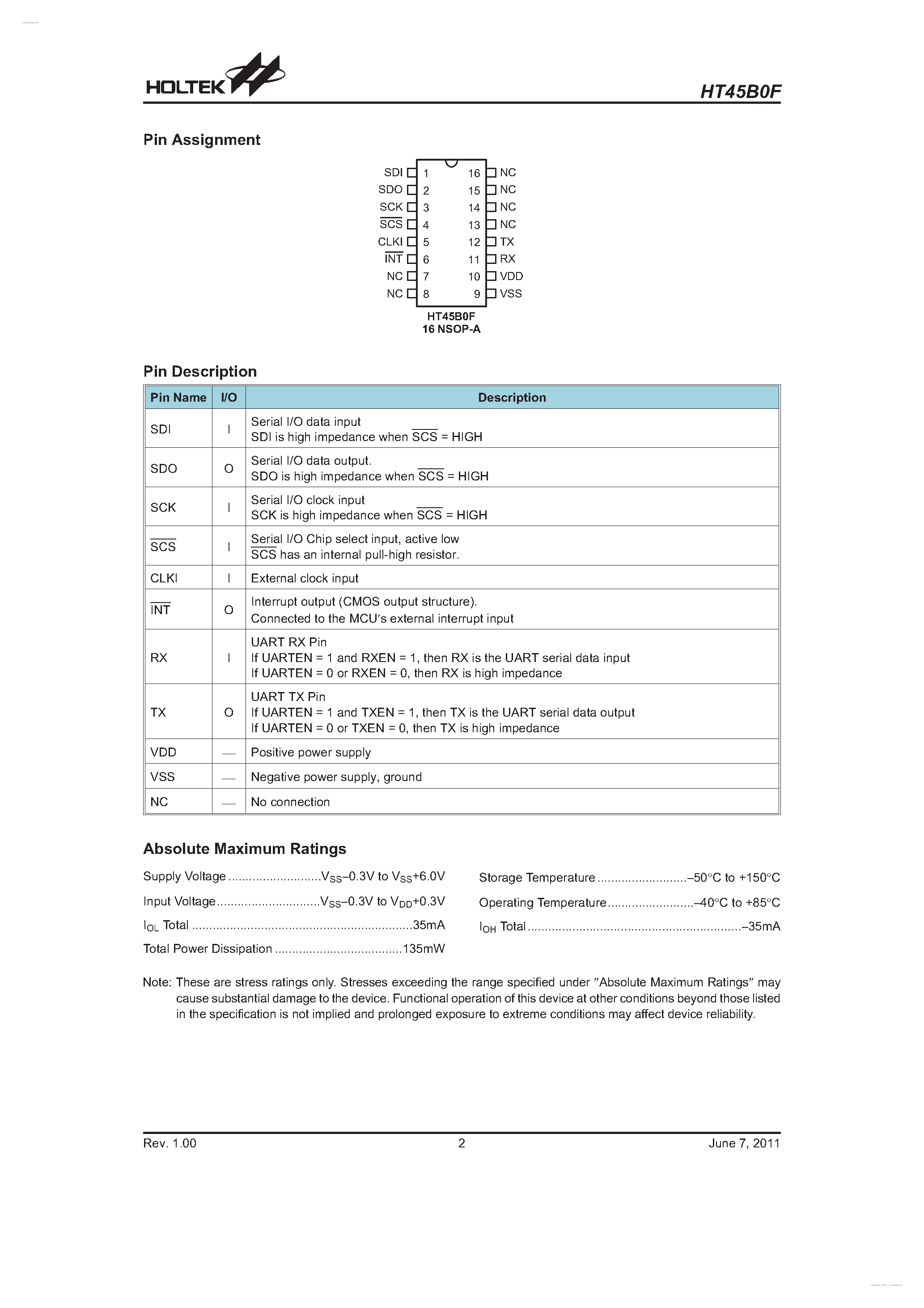 Datasheet HT45B0F - SPI-to-UART Bridge page 2
