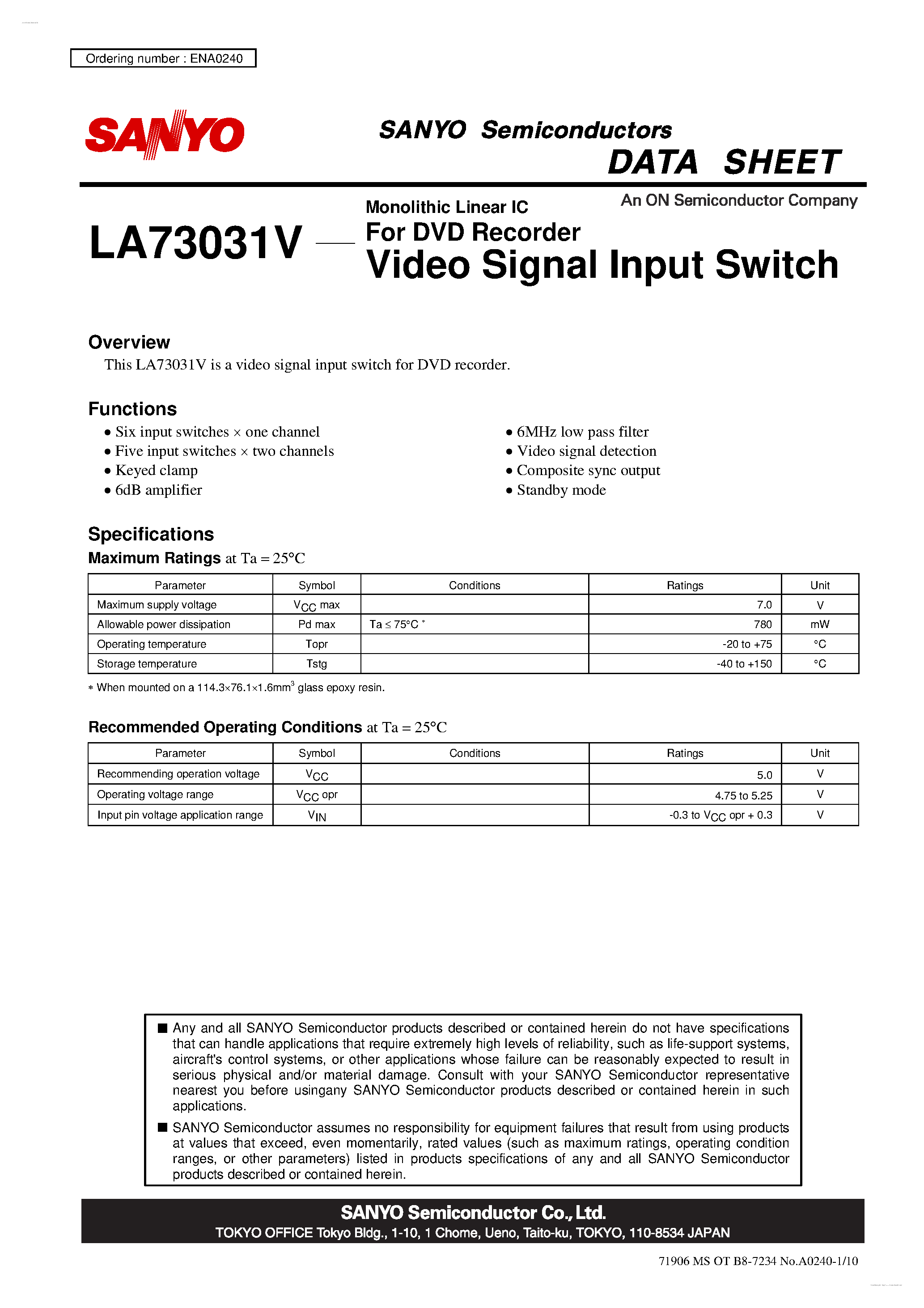 Datasheet LA73031V page 1 Datasheet LA73031V - Video Signal Input Switch page 1