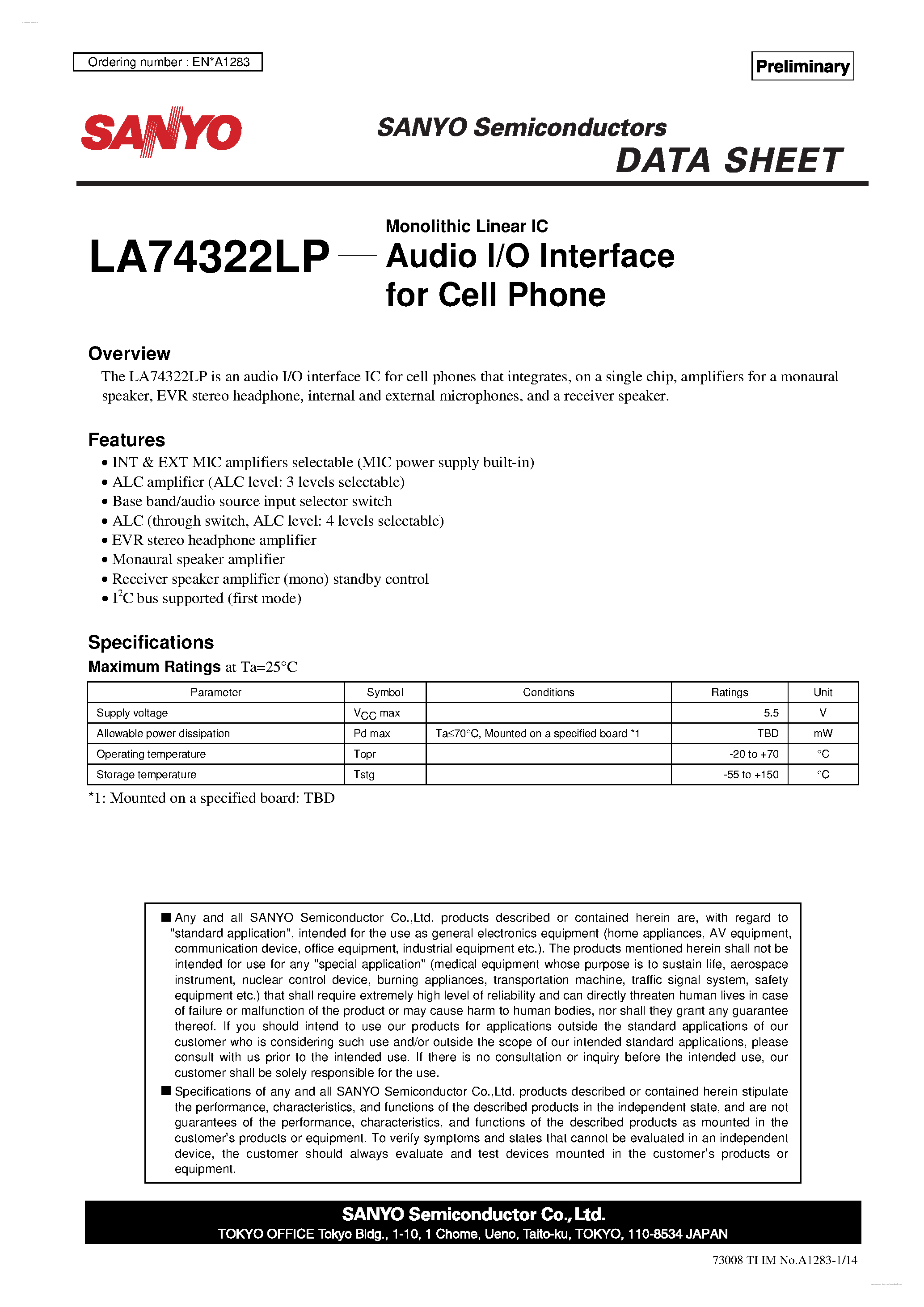 Datasheet LA74322LP - Audio I/O Interface page 1