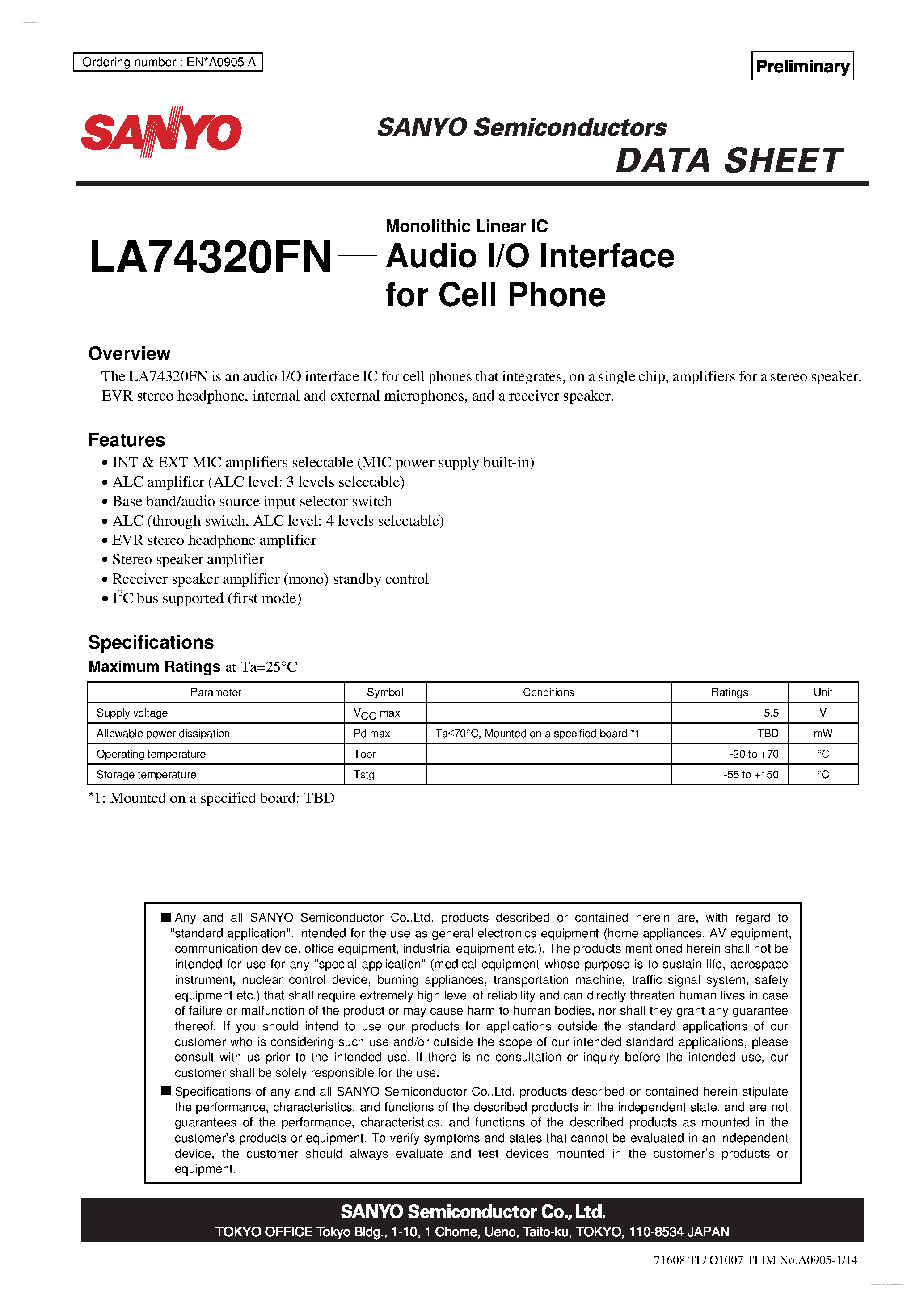 Datasheet LA74320FN - Audio I/O Interface page 1