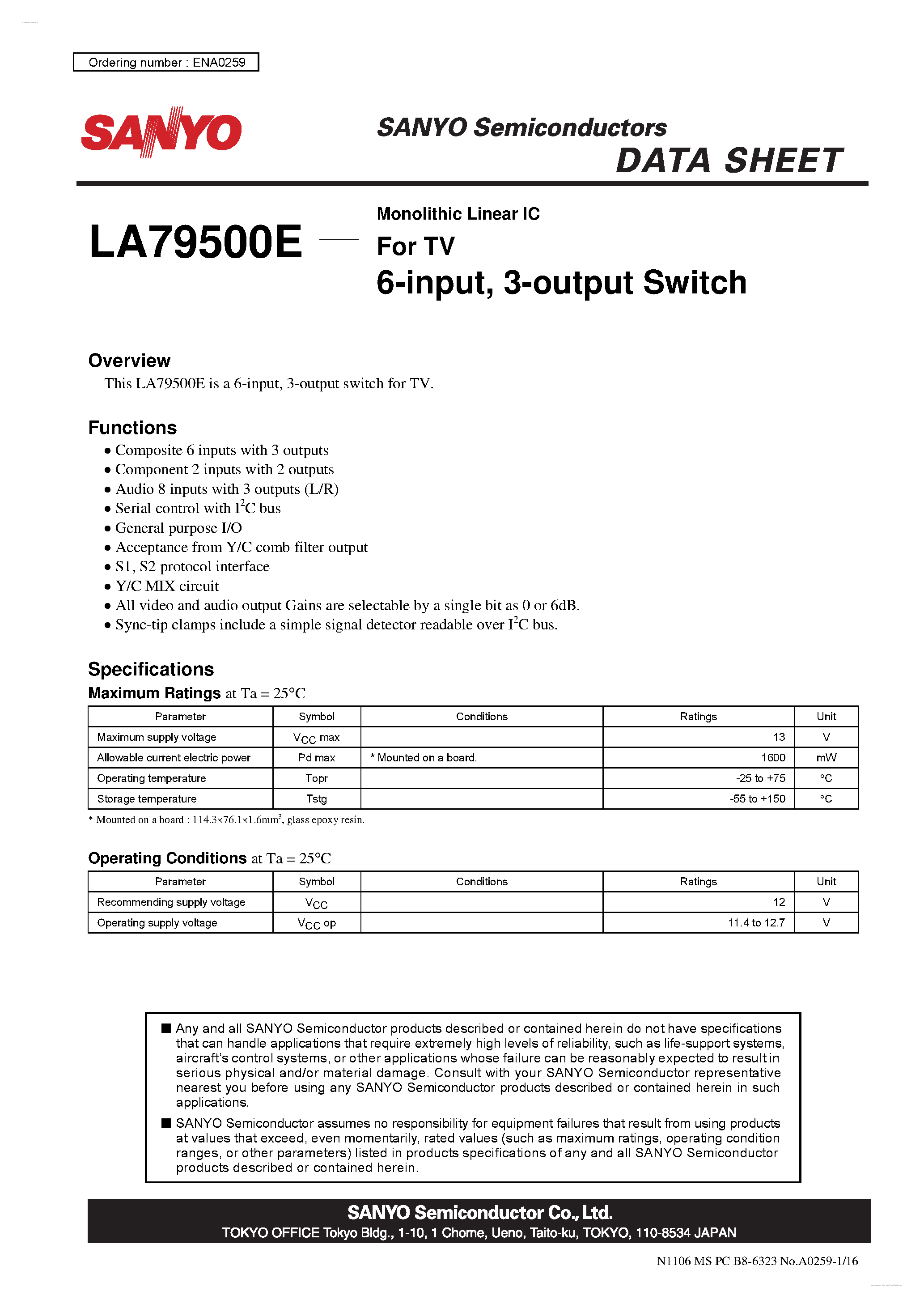 Datasheet LA79500E - 3-output Switch page 1