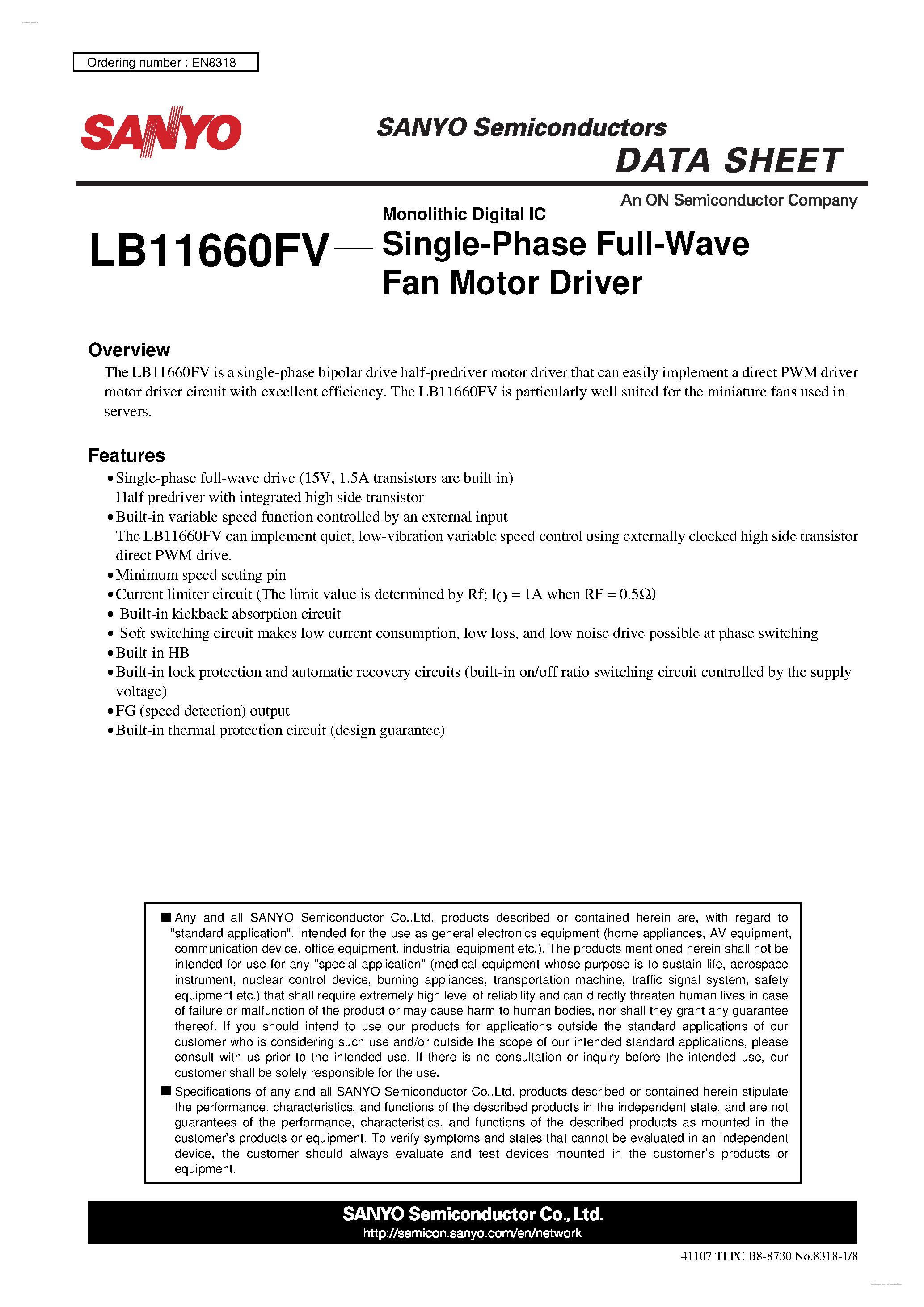 Datasheet LB11660FV page 1 Datasheet LB11660FV - Single-Phase Full-Wave Fan Motor Driver page 1