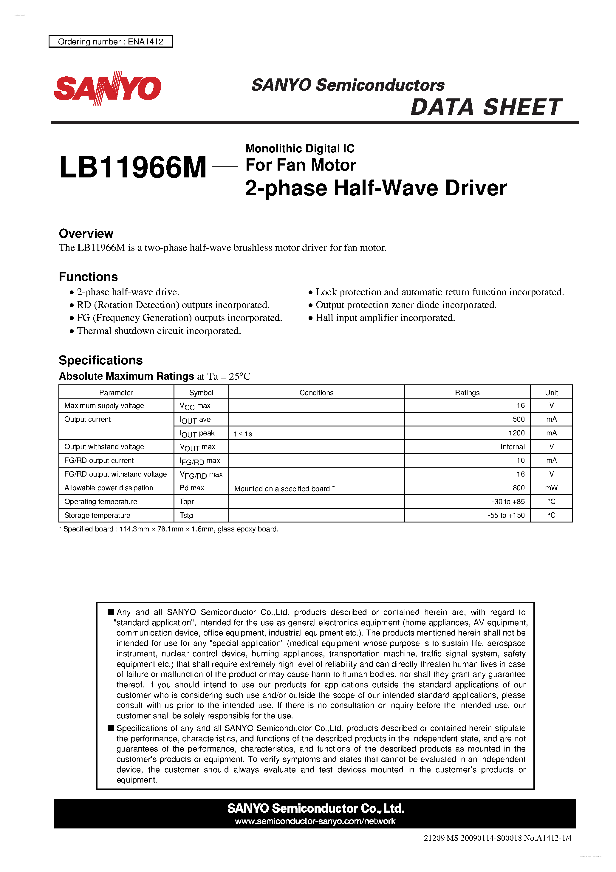 Datasheet LB11966M page 1 Datasheet LB11966M - 2-phase Half-Wave Driver page 1