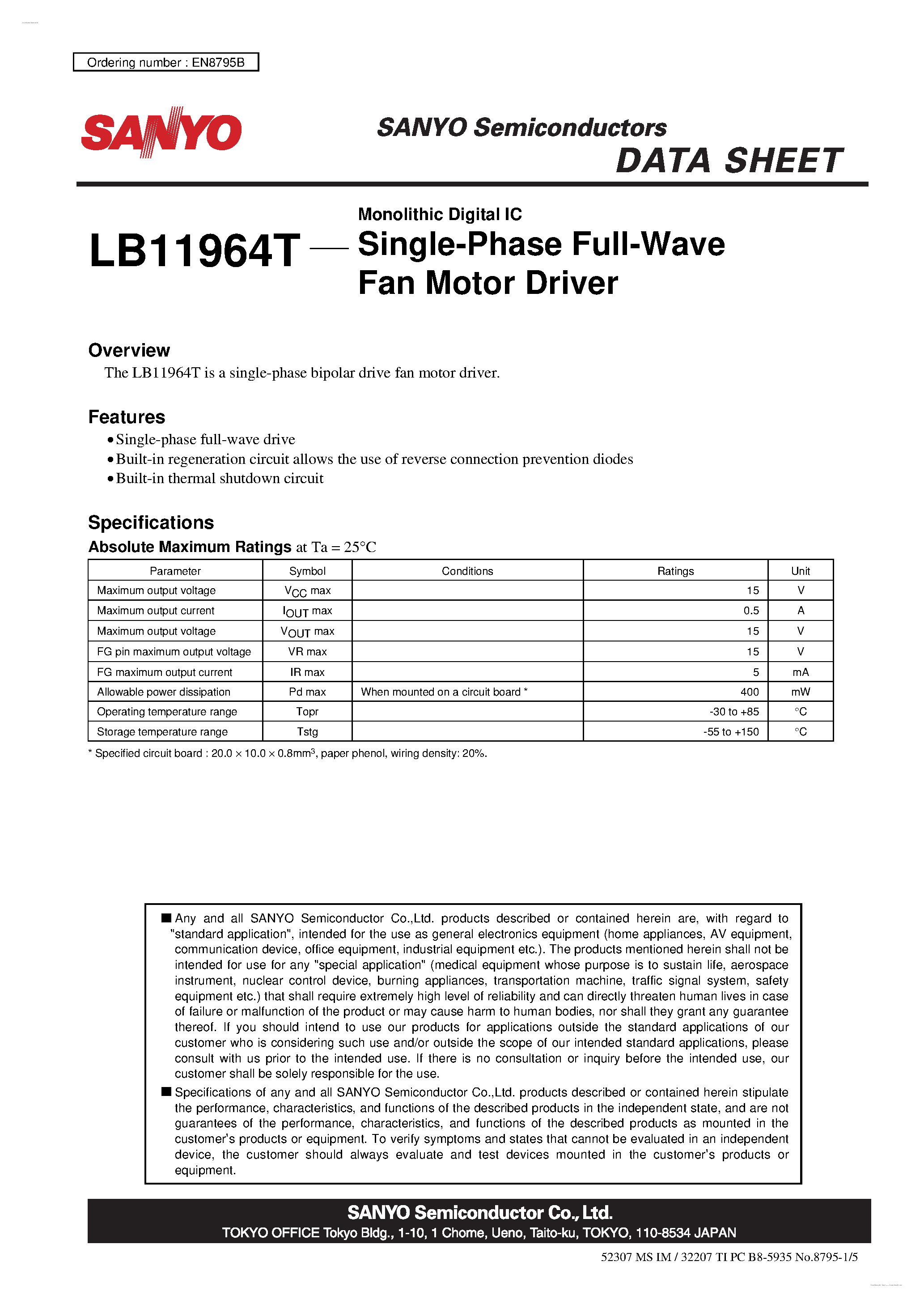 Datasheet LB11964T - Single-Phase Full-Wave Fan Motor Driver page 1