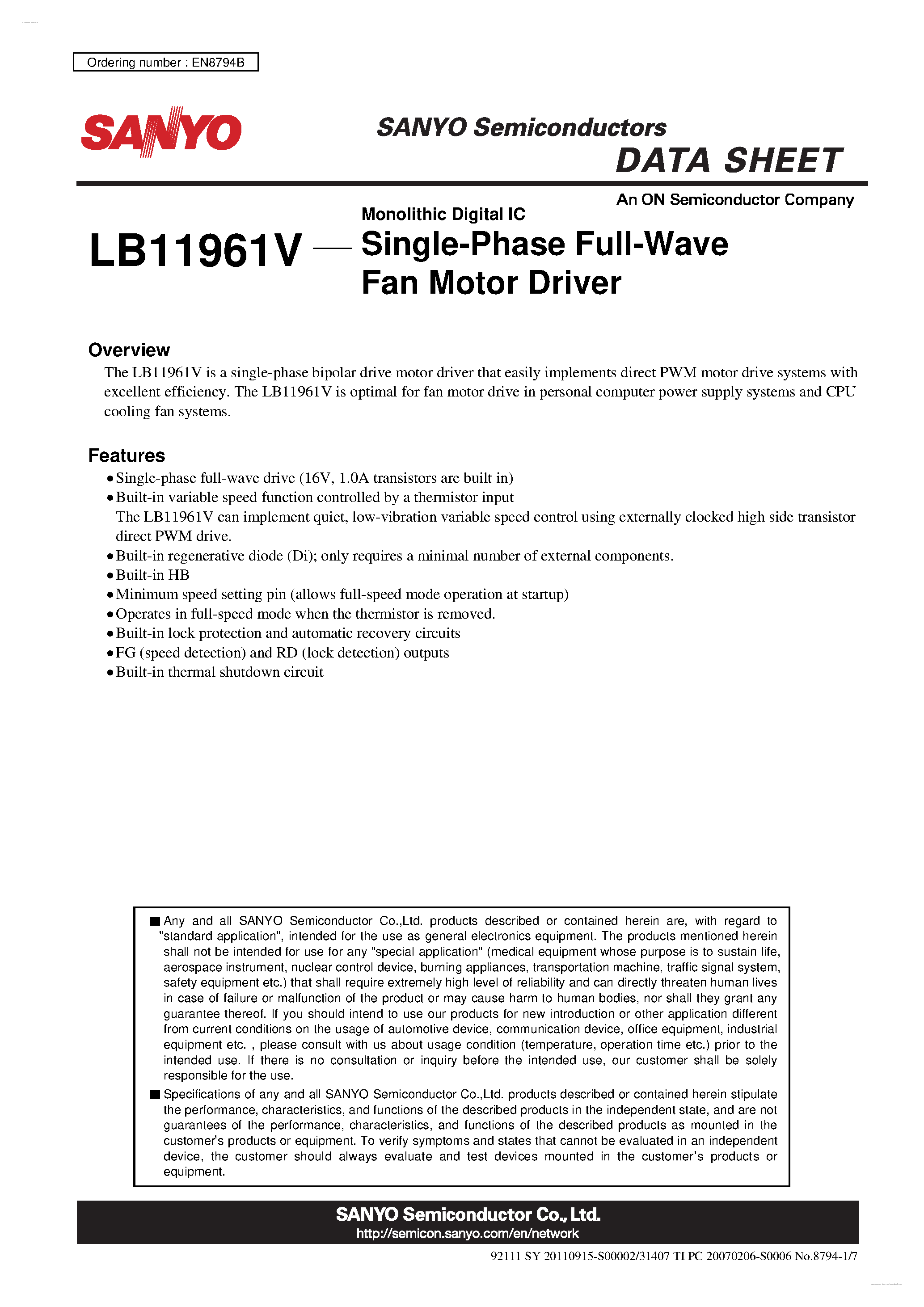 Datasheet LB11961V - Single-Phase Full-Wave Fan Motor Driver page 1