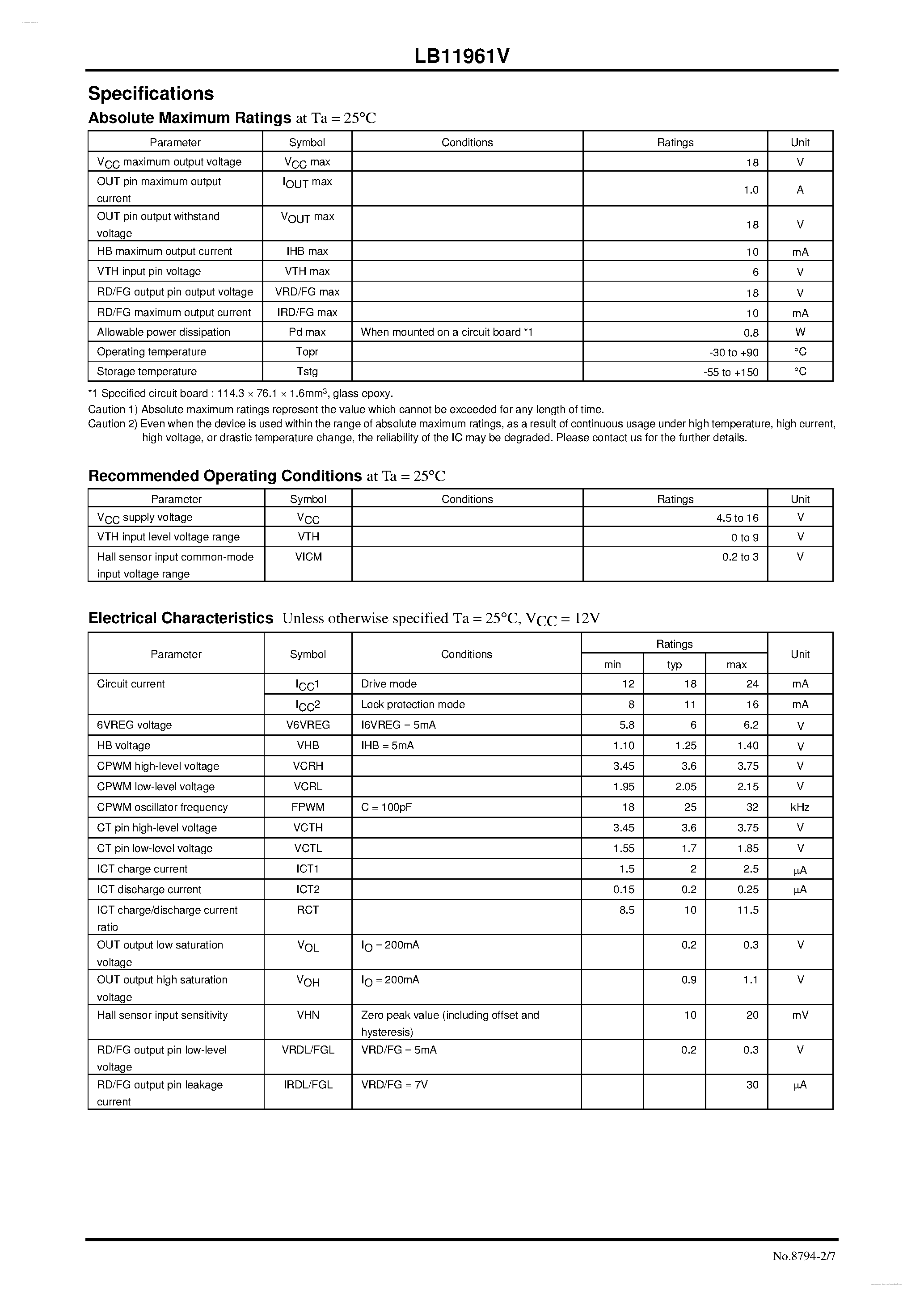 Datasheet LB11961V - Single-Phase Full-Wave Fan Motor Driver page 2