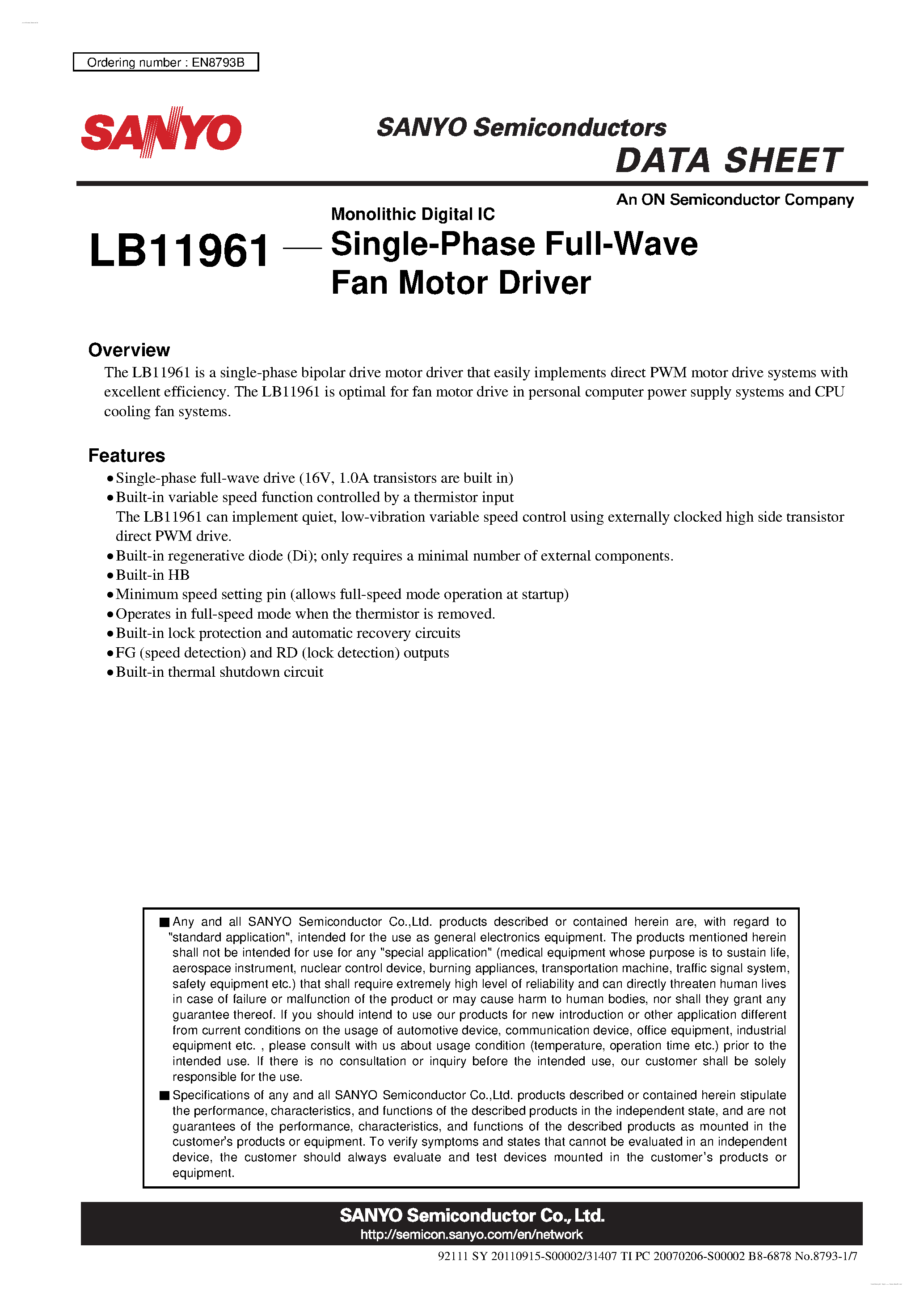 Datasheet LB11961 page 1 Datasheet LB11961 - Single-Phase Full-Wave Fan Motor Driver page 1