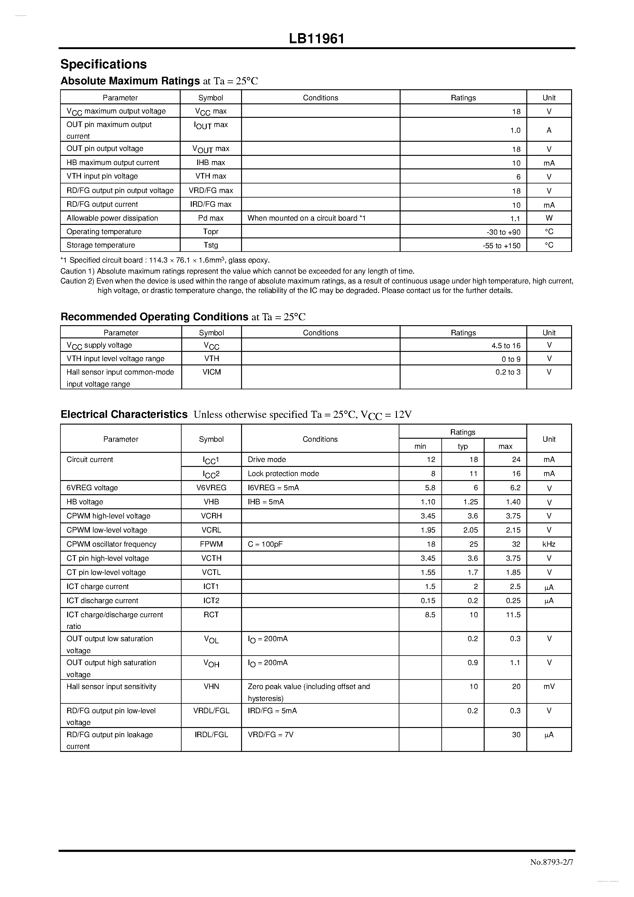 Datasheet LB11961 page 2 Datasheet LB11961 - Single-Phase Full-Wave Fan Motor Driver page 2