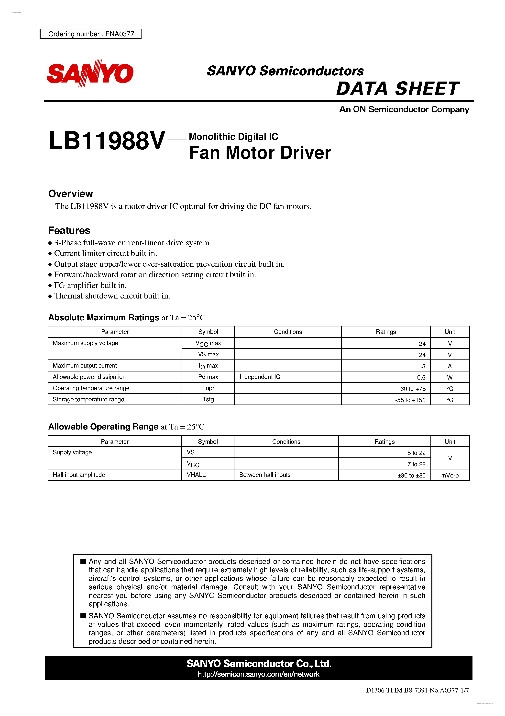 Datasheet LB11988V - Fan Motor Driver page 1