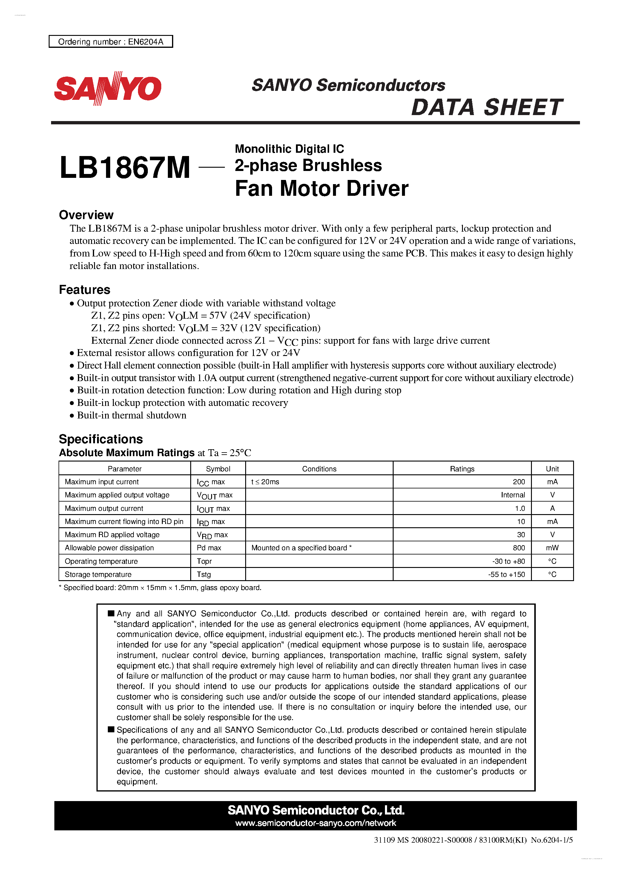 Datasheet LB1867M page 1 Datasheet LB1867M - 2-phase Brushless Fan Motor Driver page 1