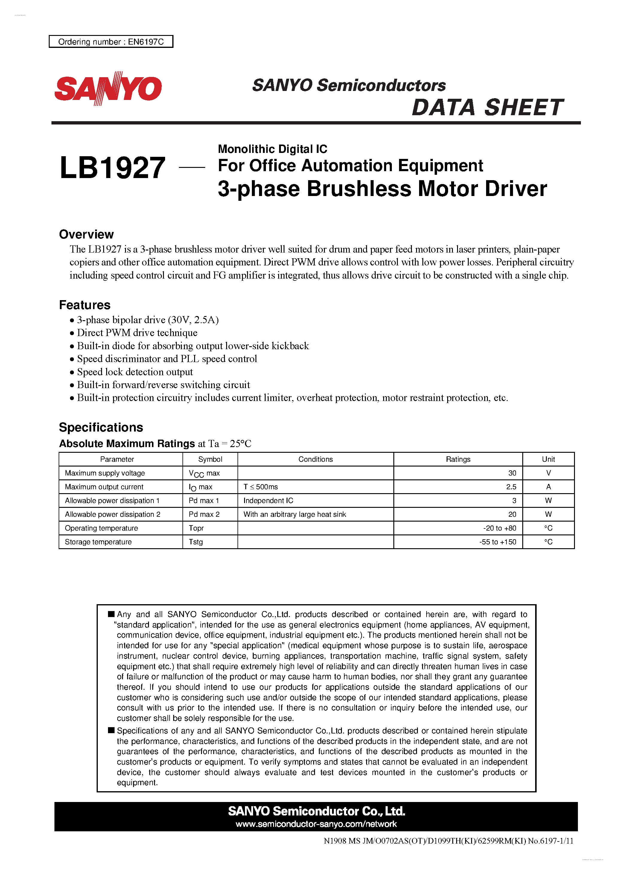 Datasheet LB1927 - 3-phase Brushless Motor Driver page 1