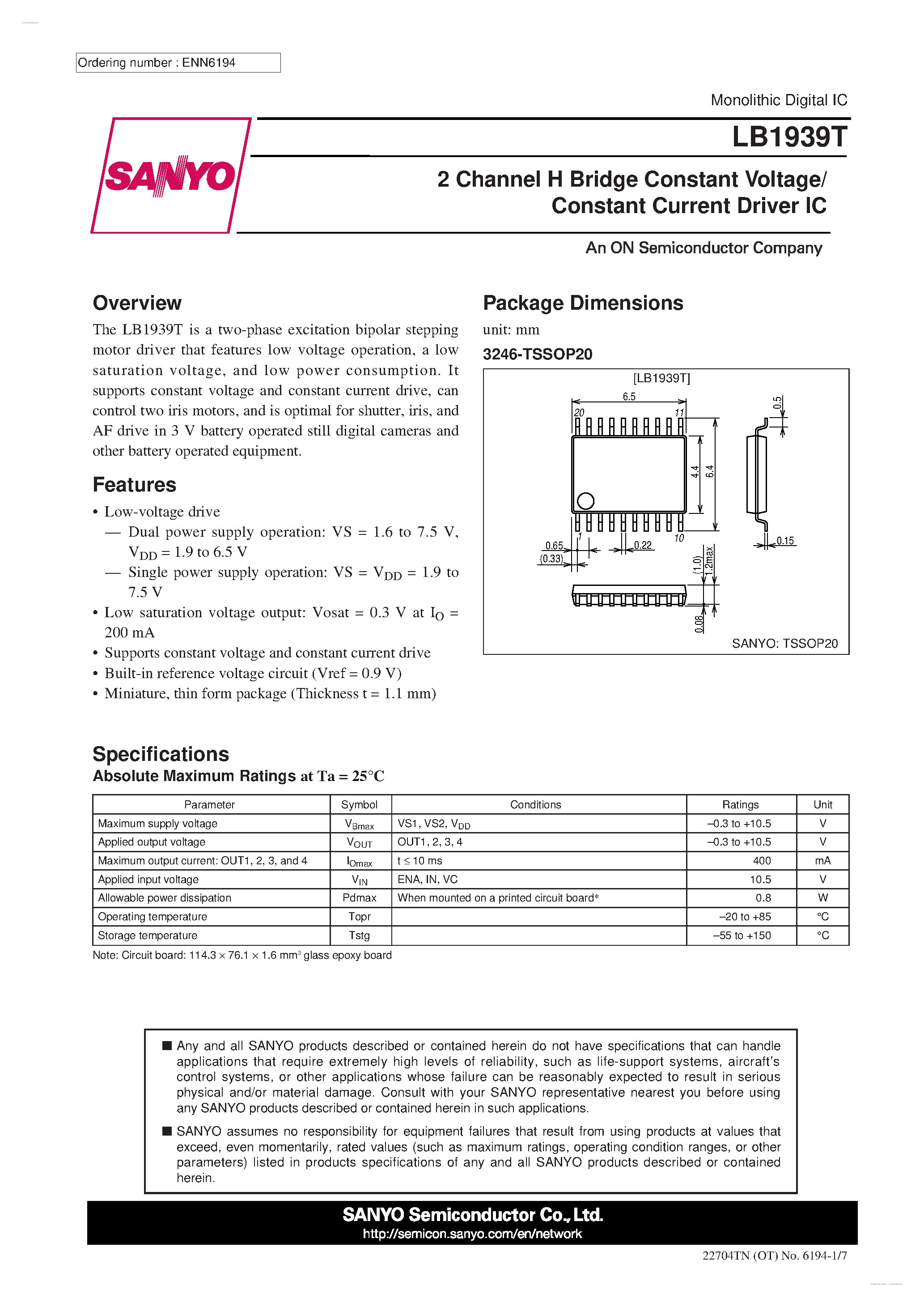Datasheet LB1939T page 1 Datasheet LB1939T - 2 Channel H Bridge Constant Voltage/ Constant Current Driver IC page 1