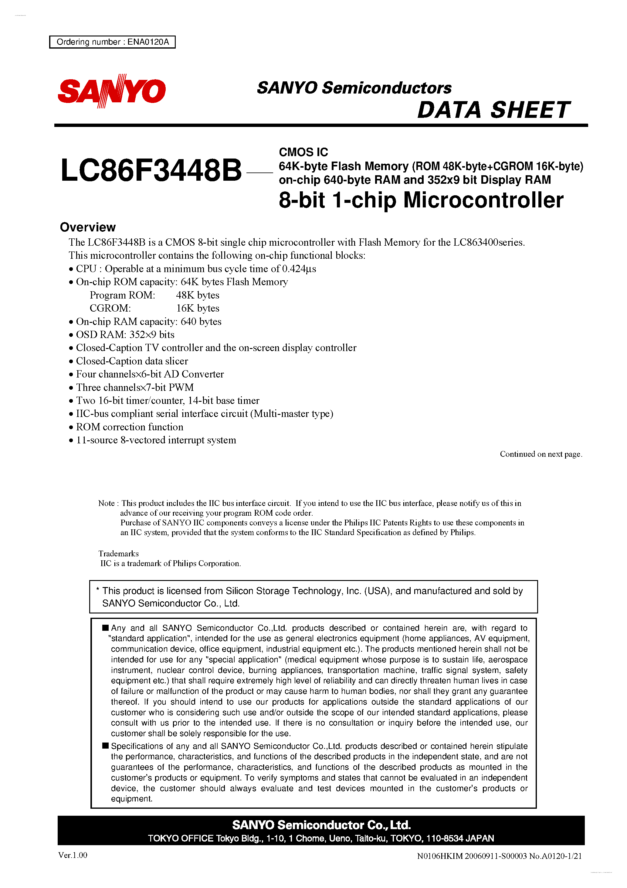 Datasheet LC86F3448B - 8-bit 1-chip Microcontroller page 1
