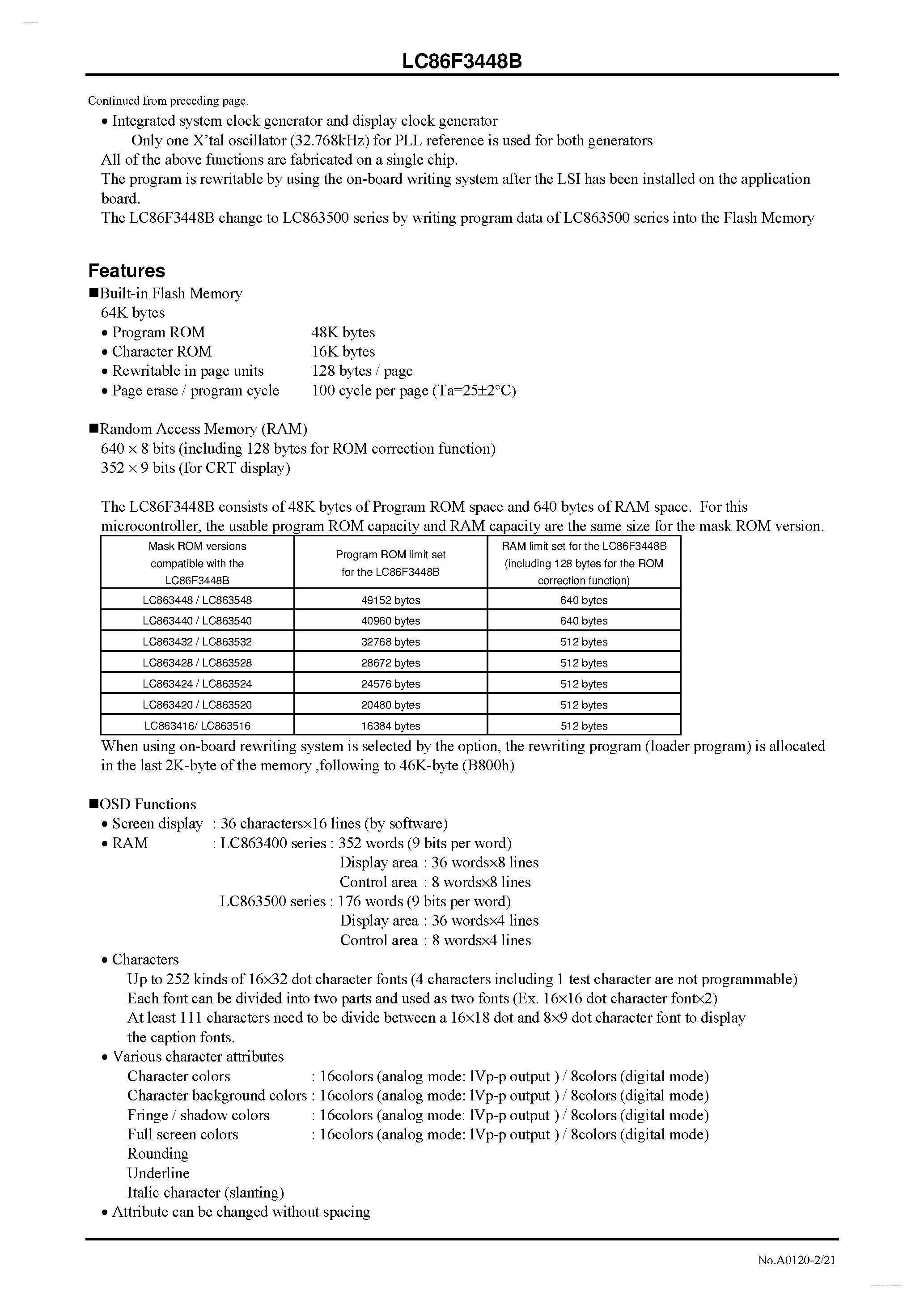 Datasheet LC86F3448B - 8-bit 1-chip Microcontroller page 2