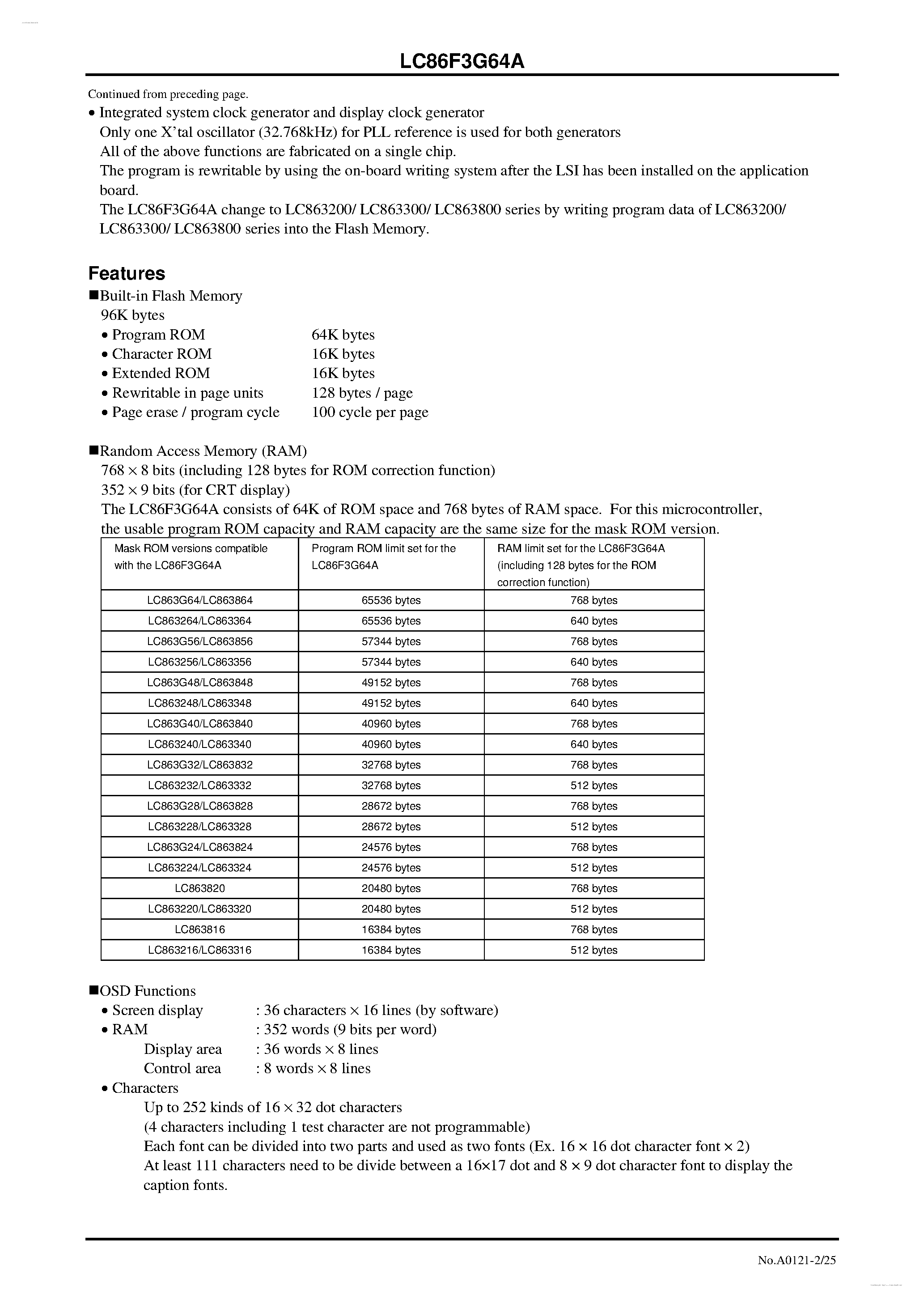 Datasheet LC86F3G64A - 8-bit 1-chip Microcontroller page 2