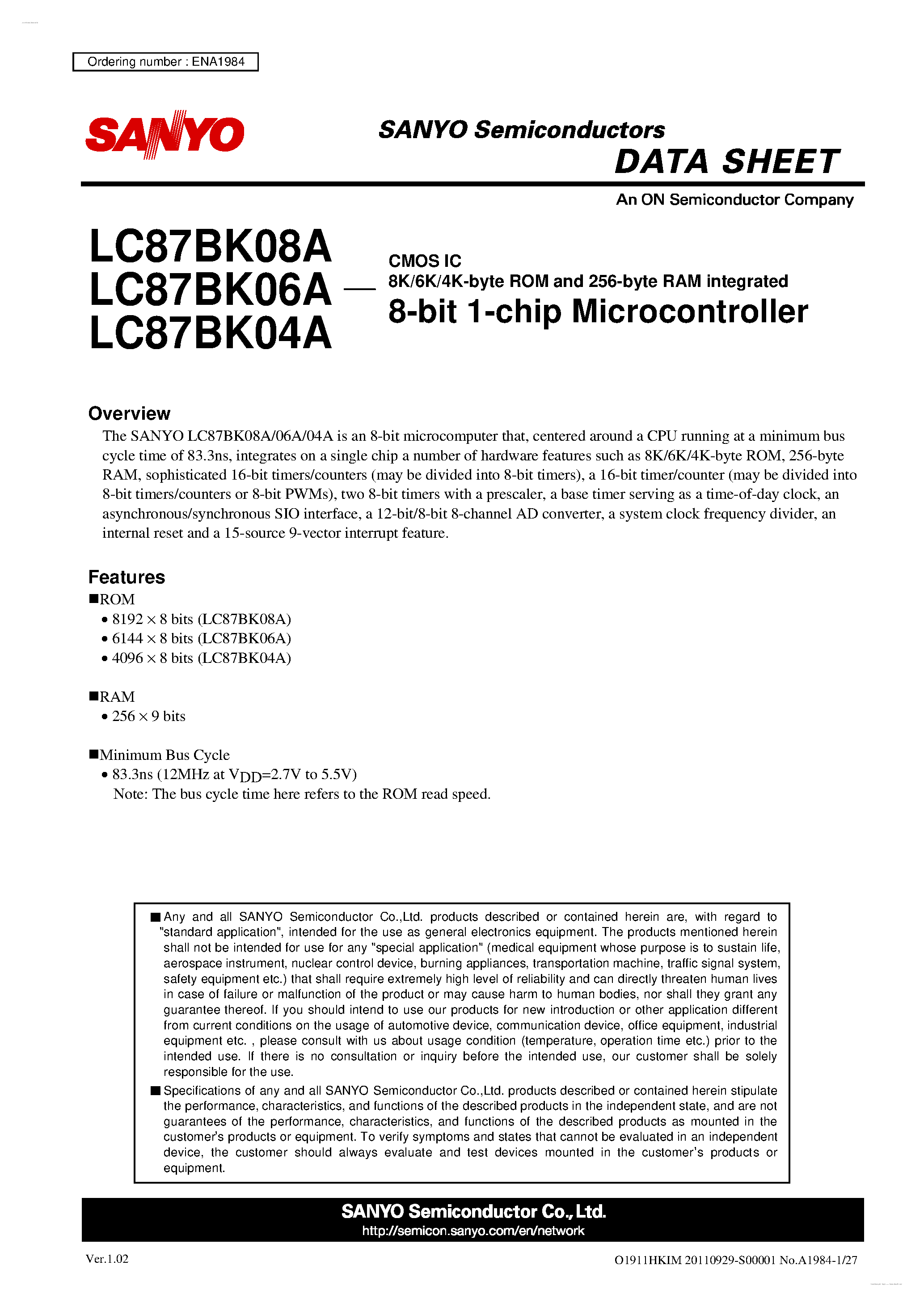 Datasheet LC87BK04A - (LC87BK04A - LC87BK08A) 8-bit 1-chip Microcontroller page 1