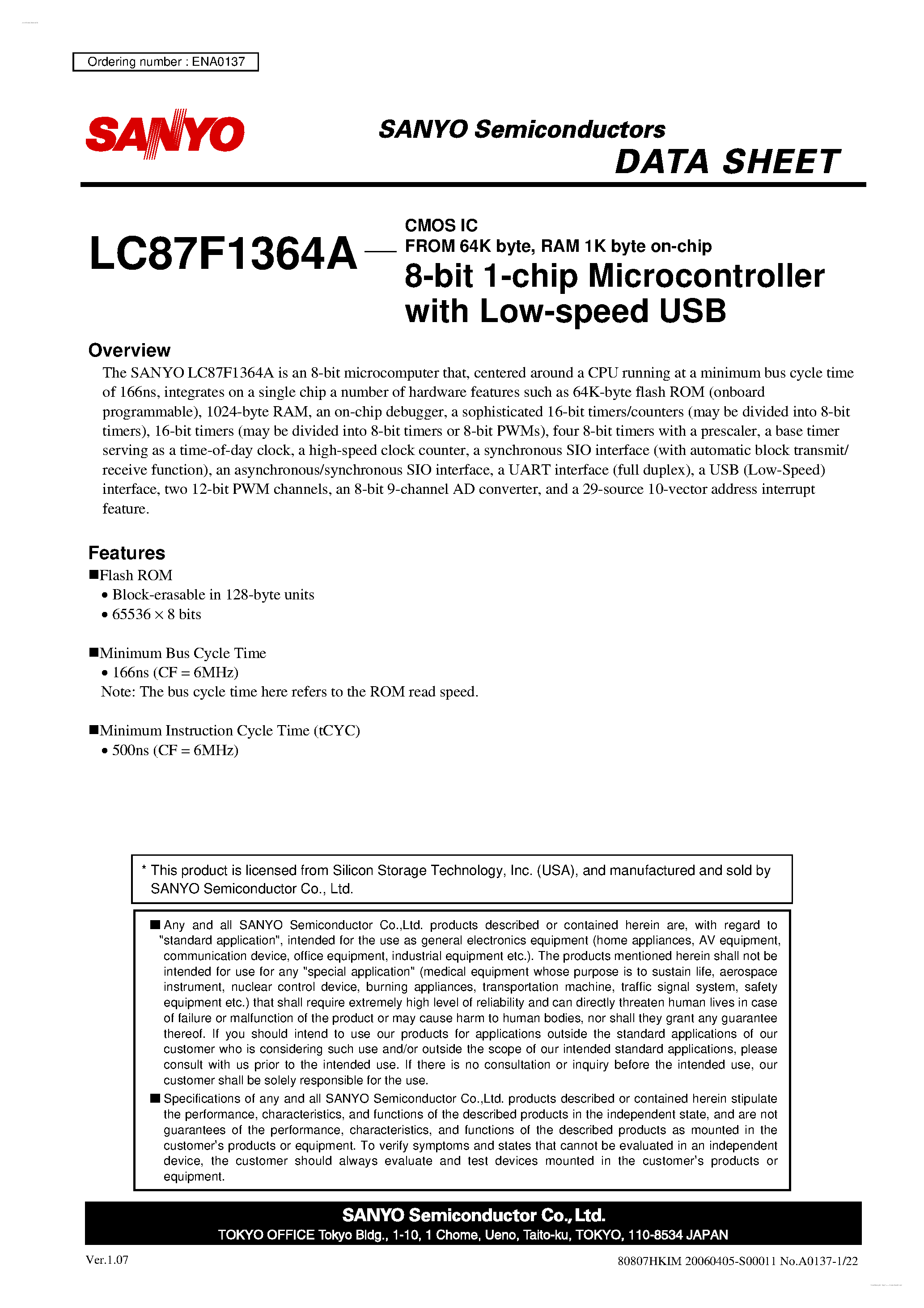 Datasheet LC87F1364A - 8-bit 1-chip Microcontroller page 1