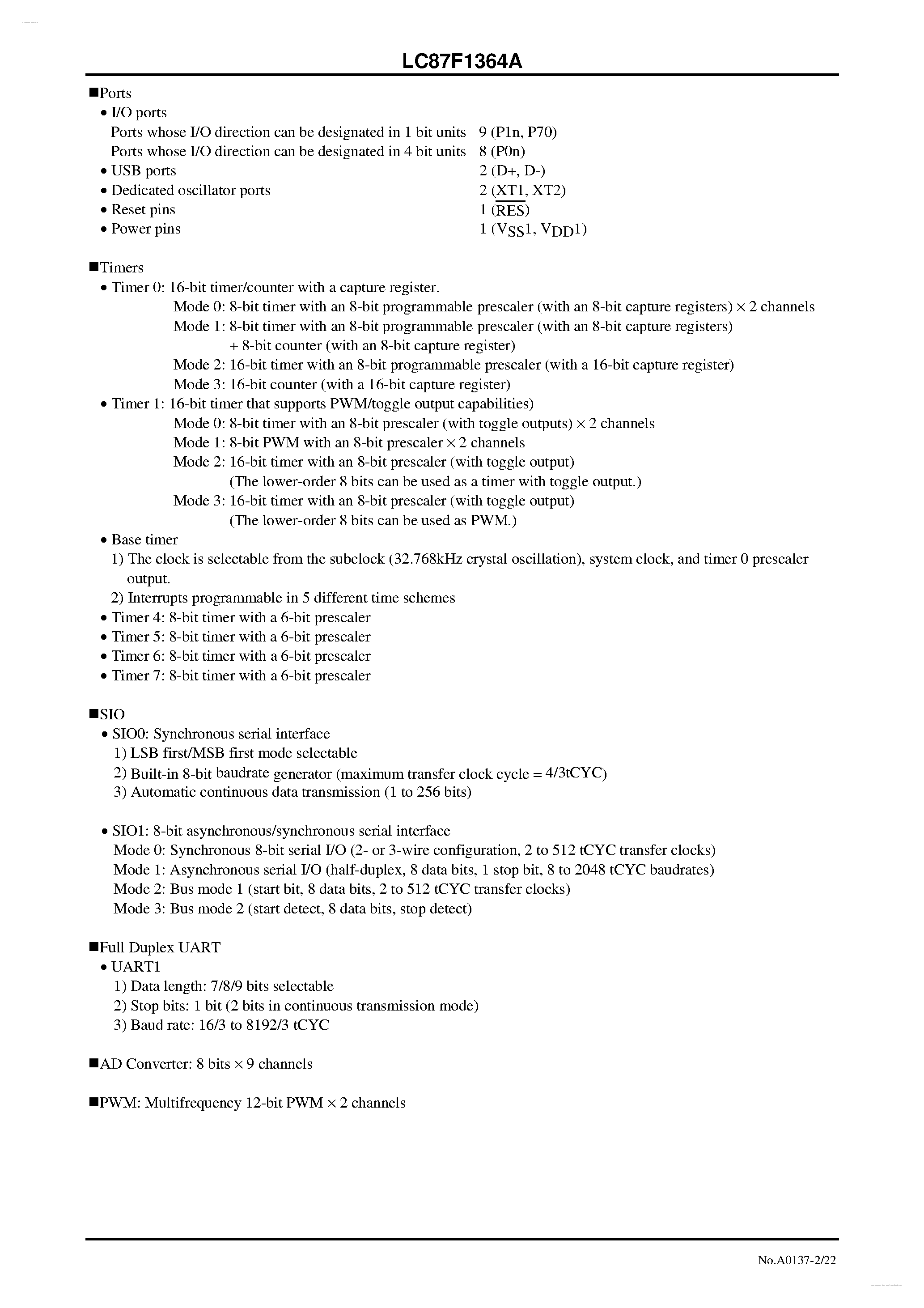 Datasheet LC87F1364A - 8-bit 1-chip Microcontroller page 2