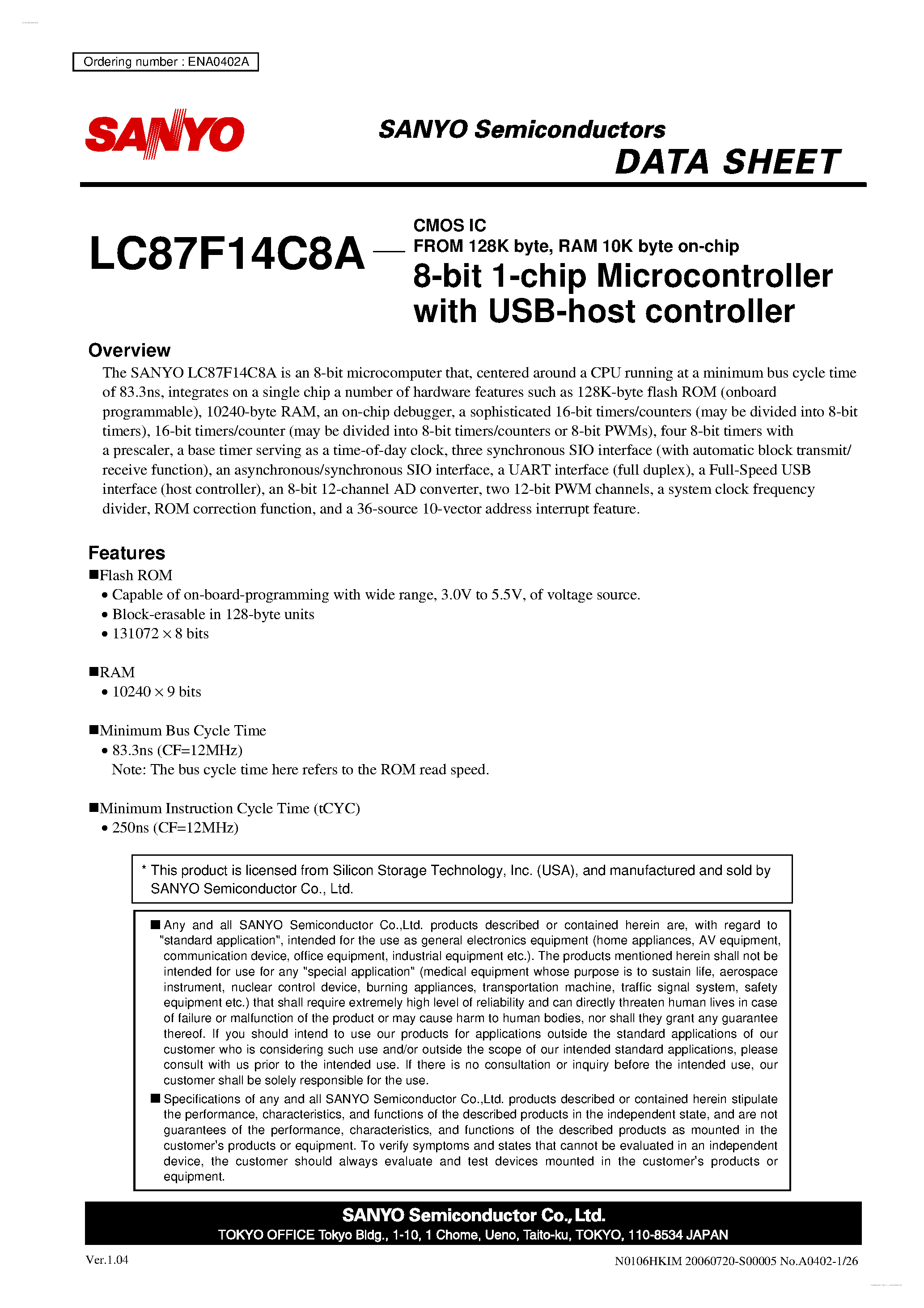 Datasheet LC87F14C8A - 8-bit 1-chip Microcontroller page 1