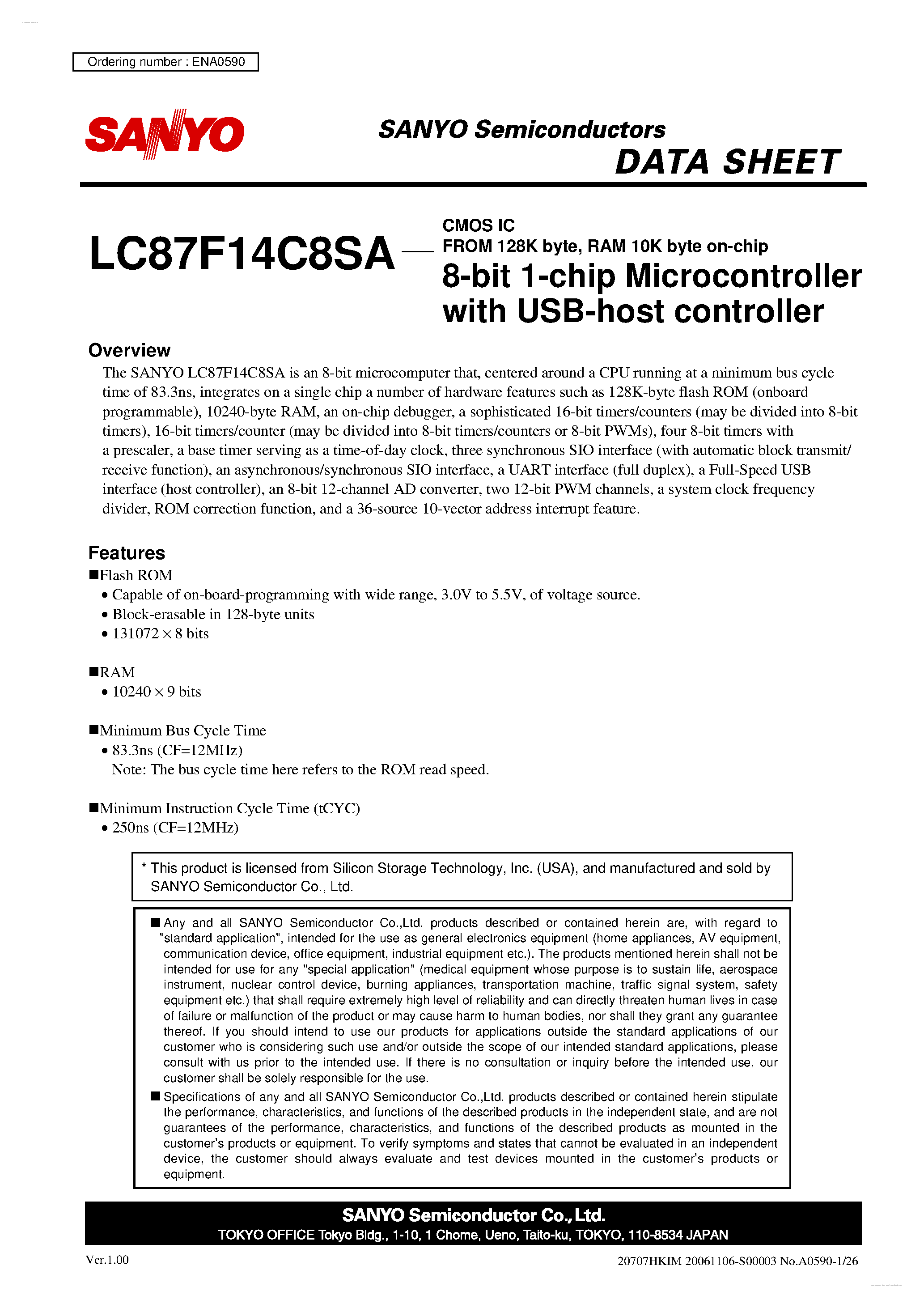 Datasheet LC87F14C8SA - 8-bit 1-chip Microcontroller page 1