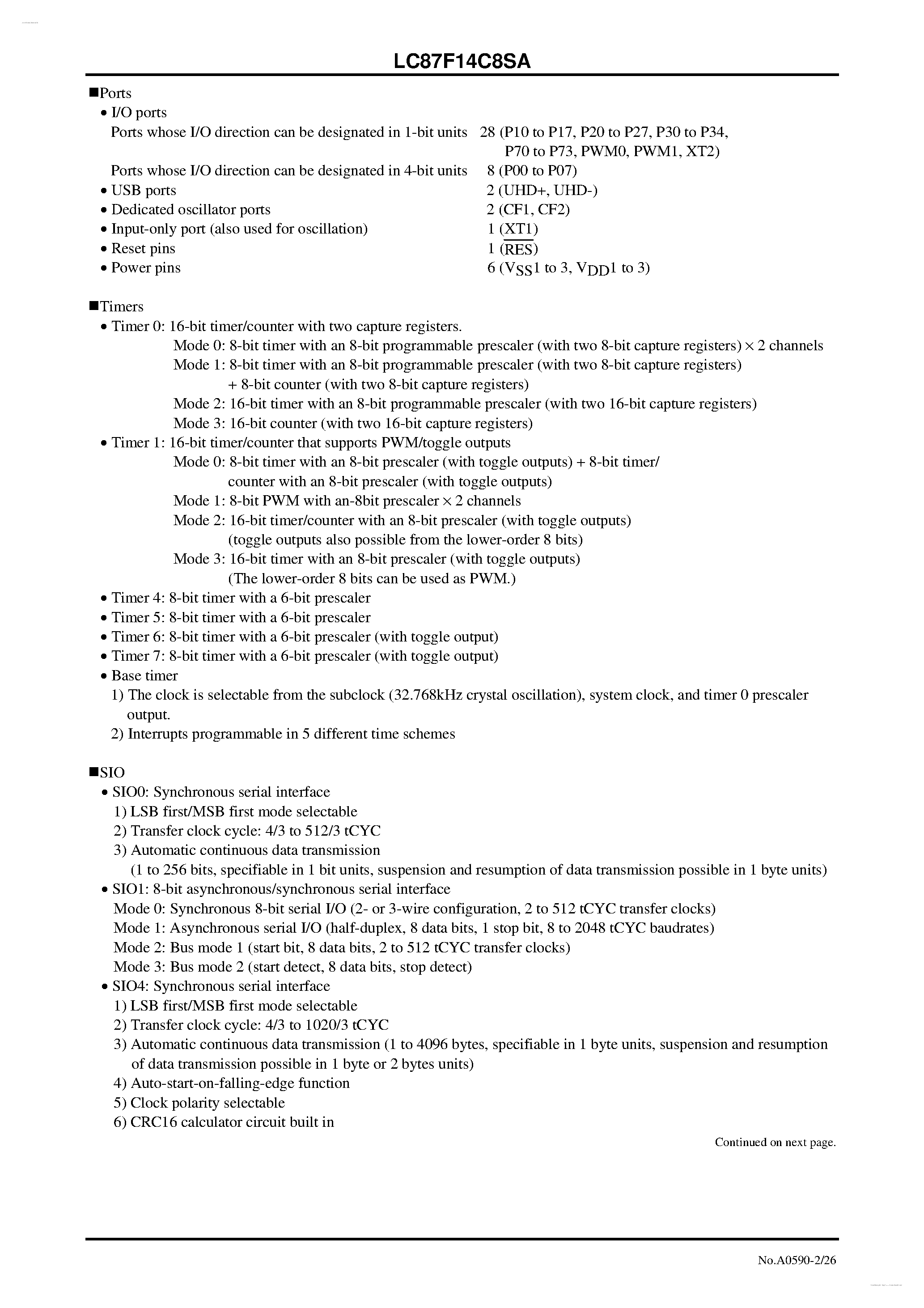Datasheet LC87F14C8SA - 8-bit 1-chip Microcontroller page 2