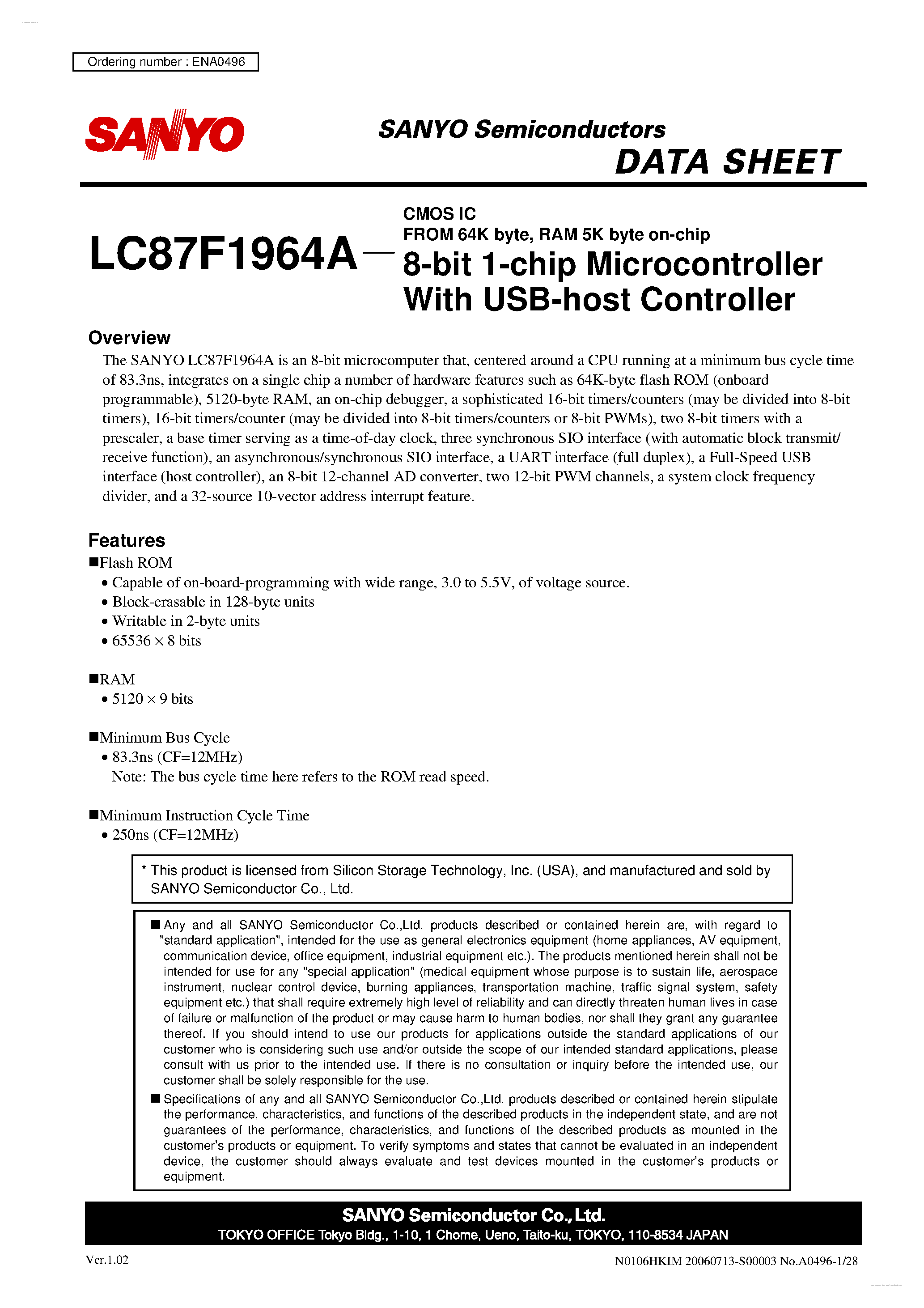 Datasheet LC87F1964A - 8-bit 1-chip Microcontroller page 1