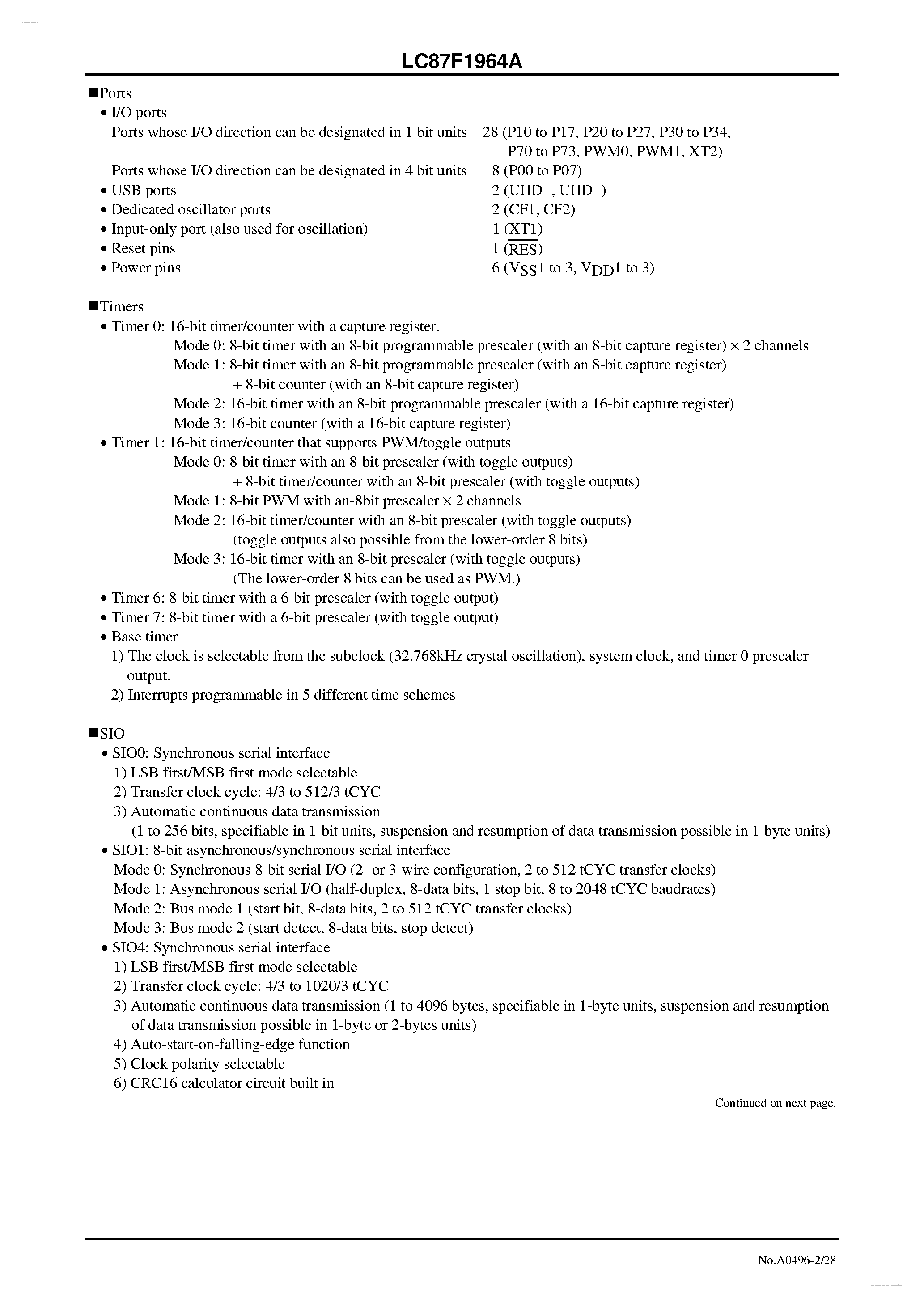 Datasheet LC87F1964A - 8-bit 1-chip Microcontroller page 2