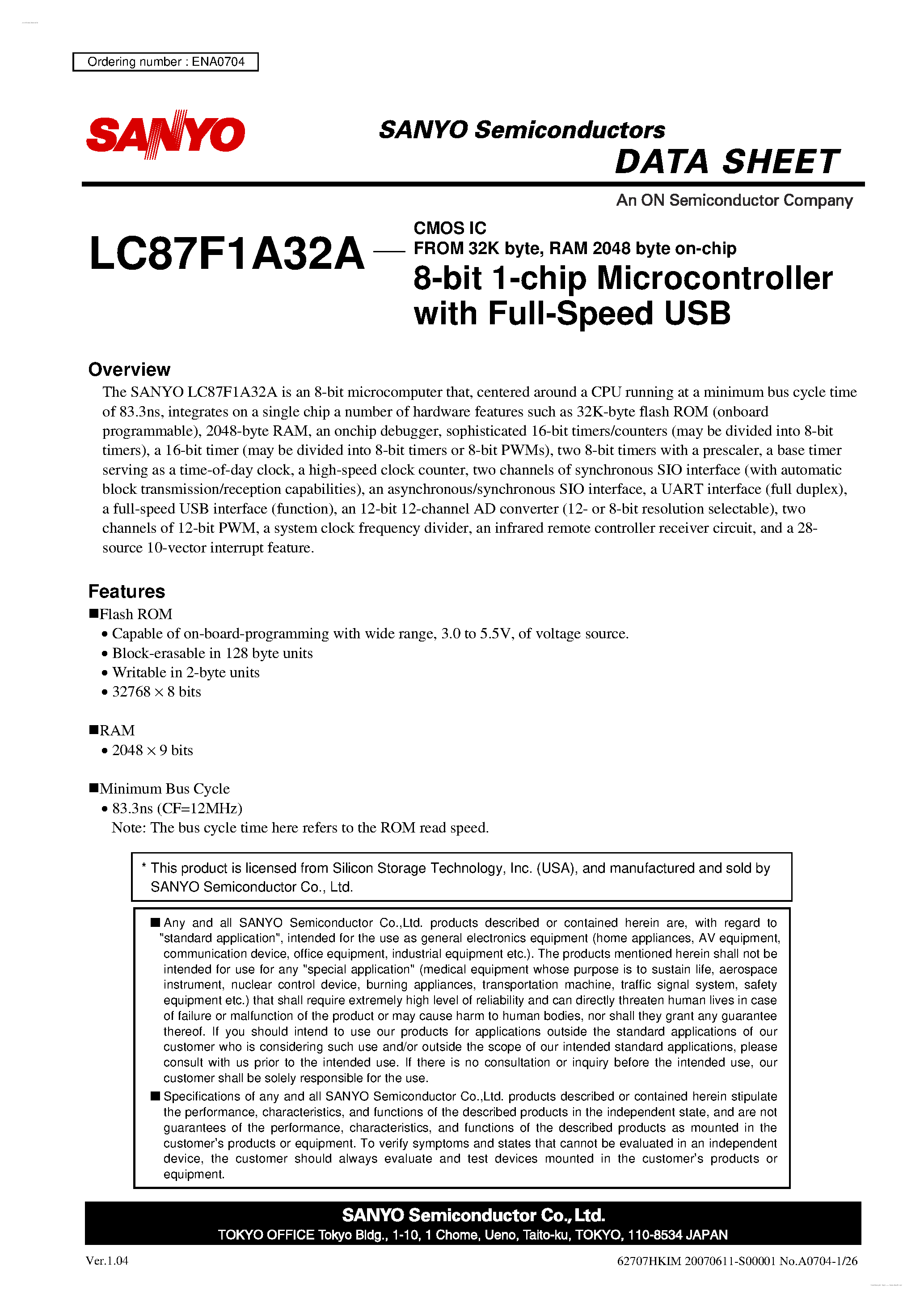 Datasheet LC87F1A32A - 8-bit 1-chip Microcontroller page 1