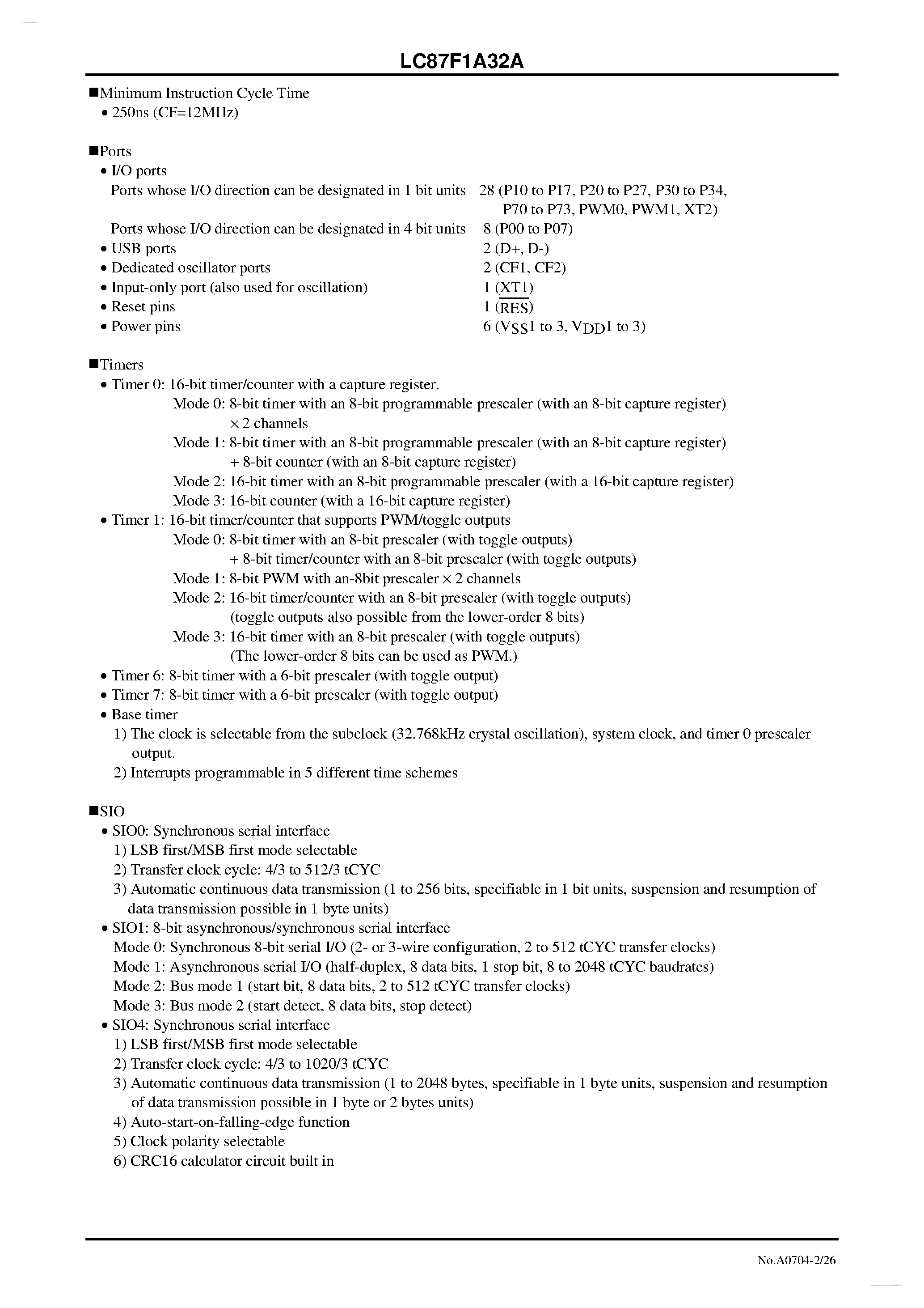 Datasheet LC87F1A32A - 8-bit 1-chip Microcontroller page 2