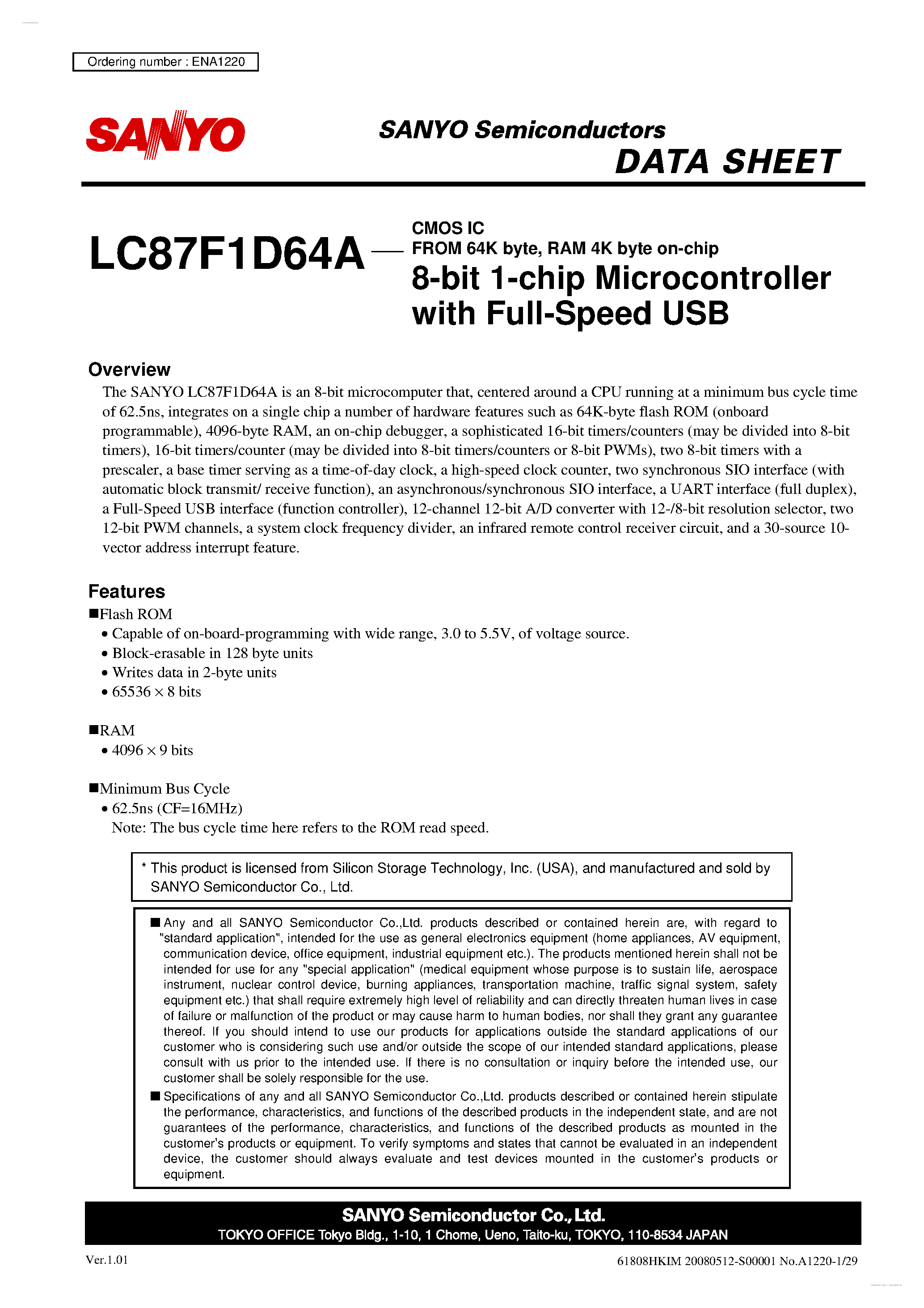 Datasheet LC87F1D64A - 8-bit 1-chip Microcontroller page 1