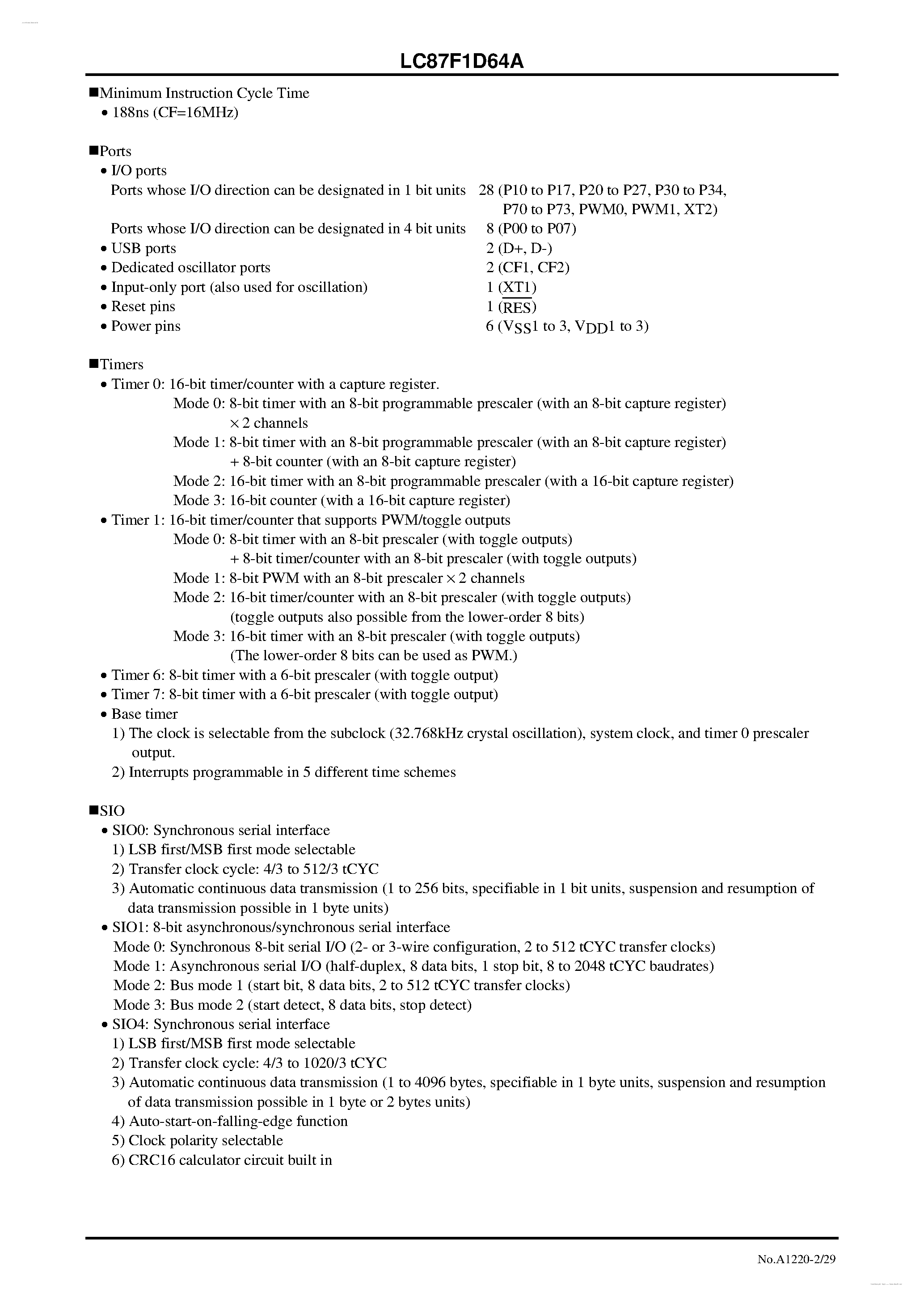 Datasheet LC87F1D64A - 8-bit 1-chip Microcontroller page 2
