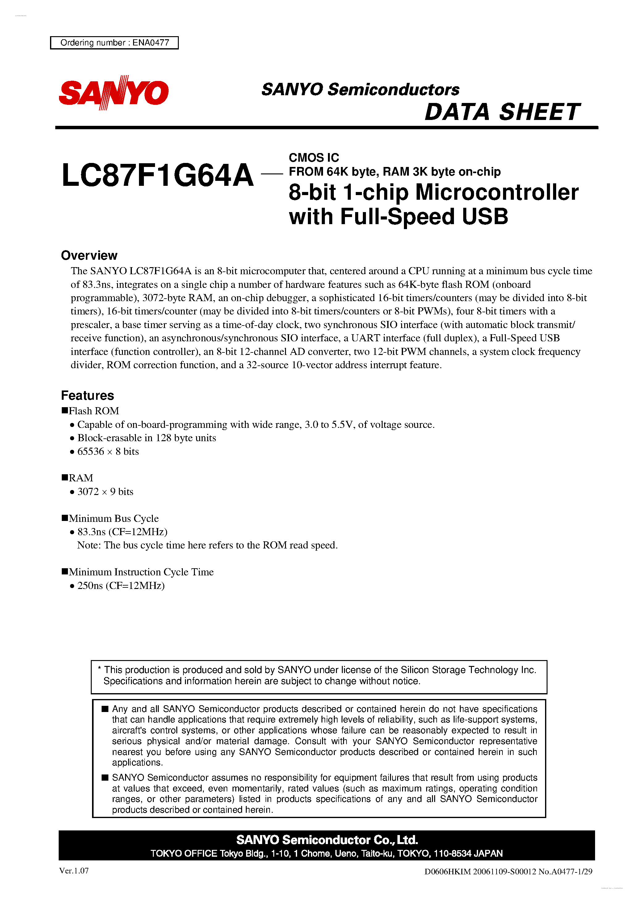 Datasheet LC87F1G64A - 8-bit 1-chip Microcontroller page 1