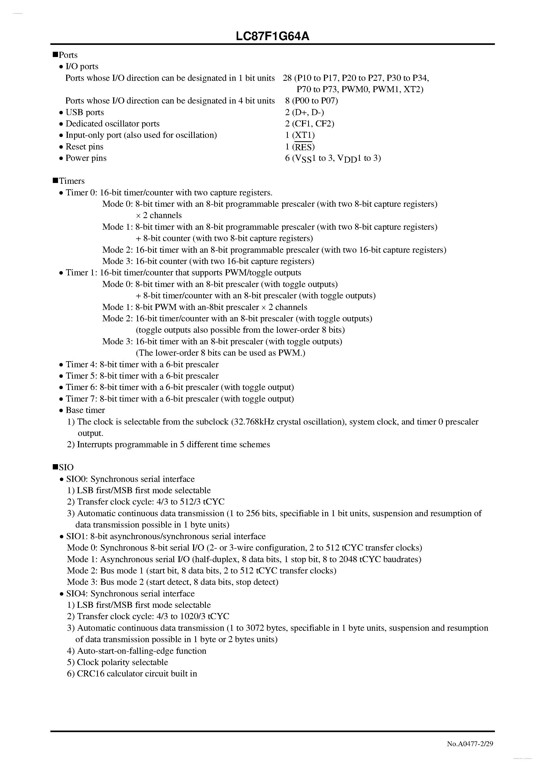 Datasheet LC87F1G64A - 8-bit 1-chip Microcontroller page 2