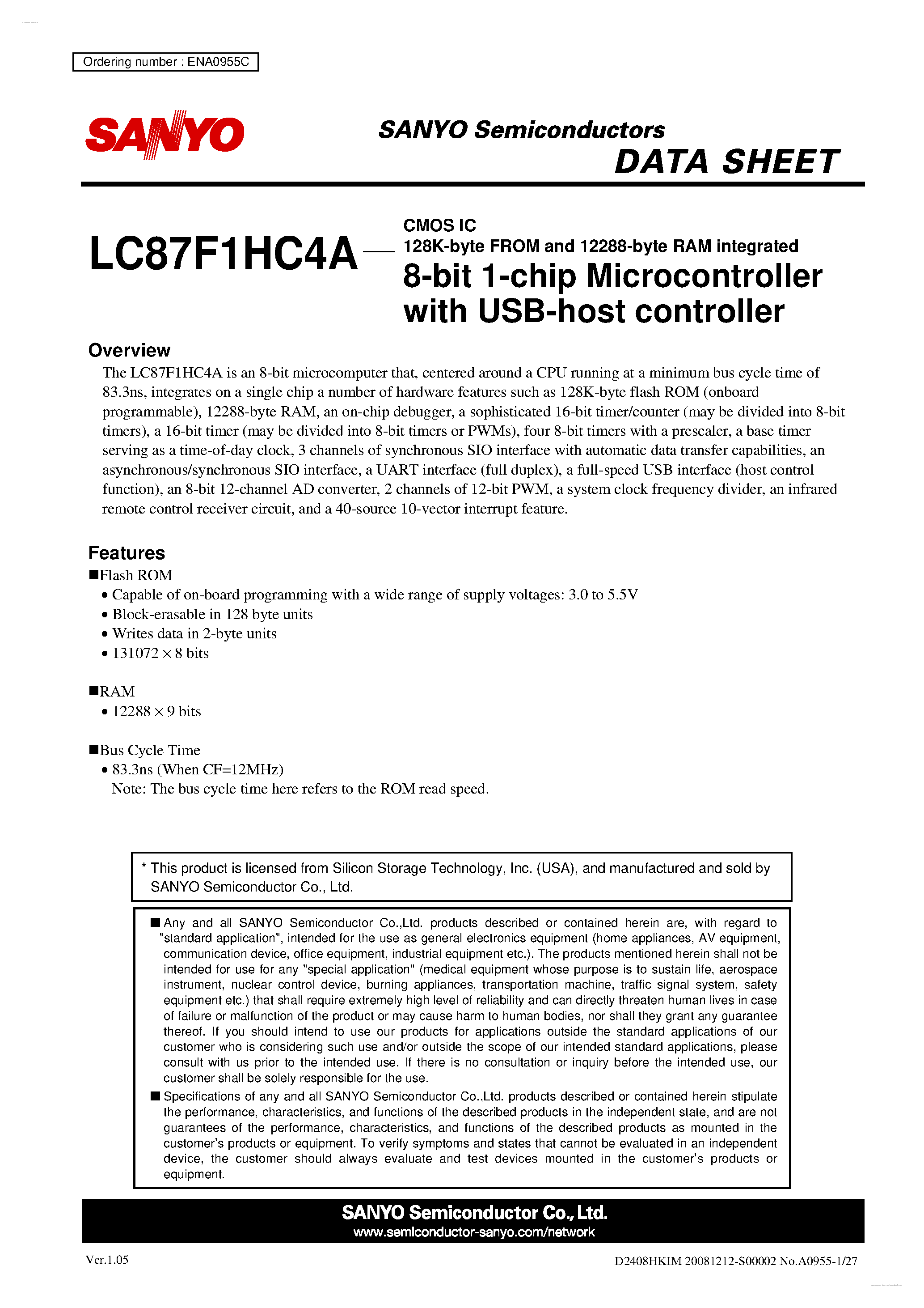Datasheet LC87F1HC4A - 8-bit 1-chip Microcontroller page 1