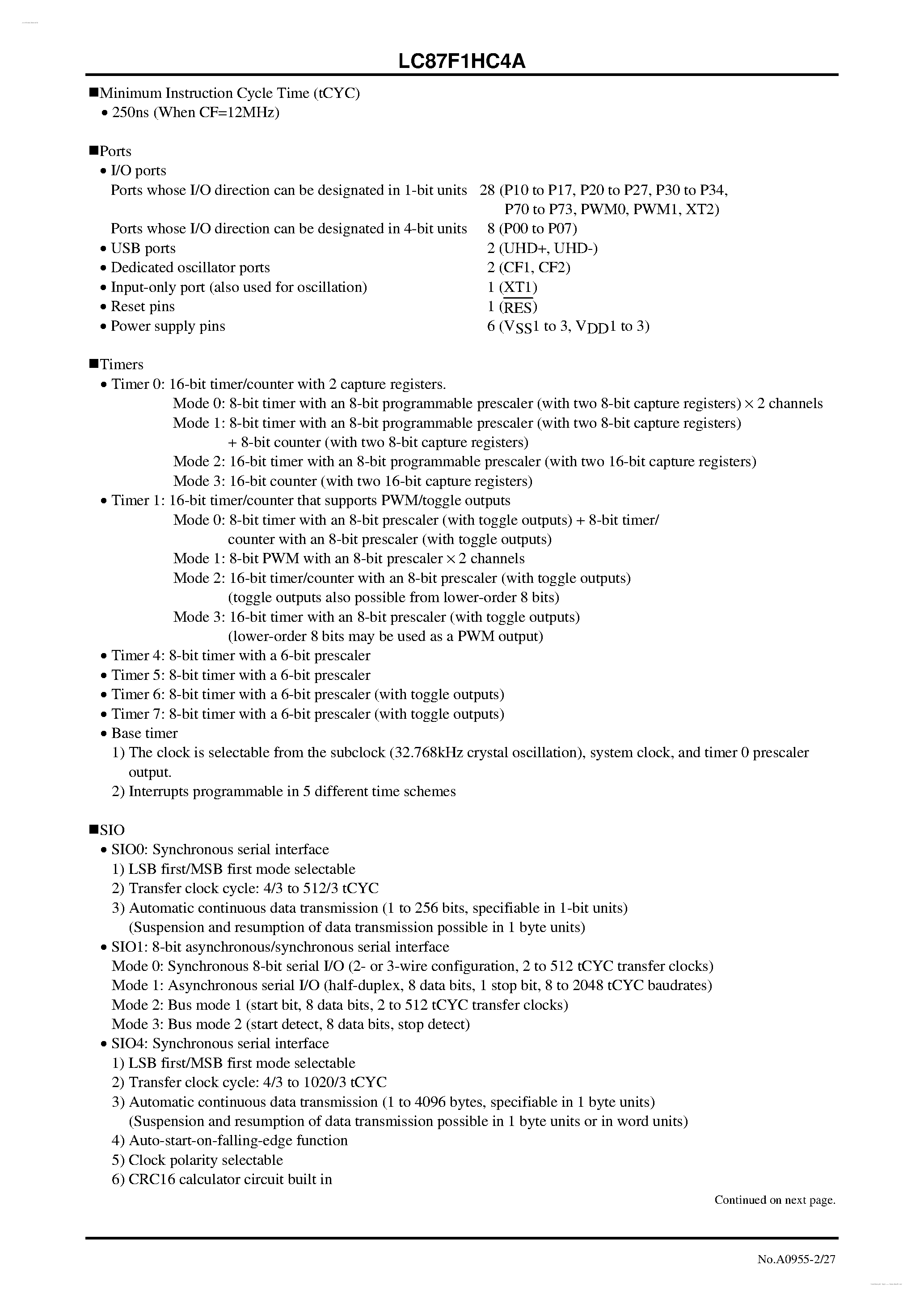Datasheet LC87F1HC4A - 8-bit 1-chip Microcontroller page 2