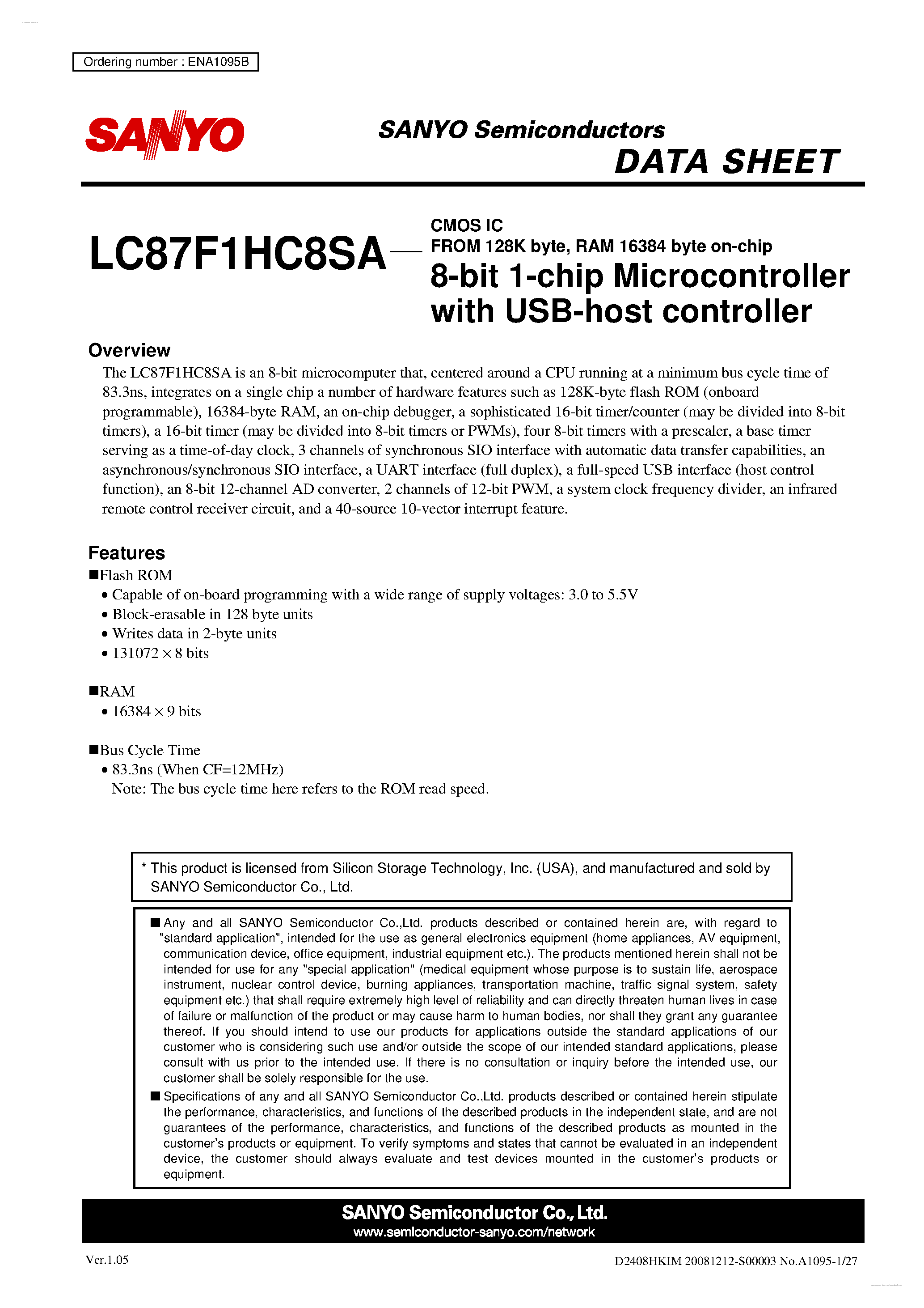 Datasheet LC87F1HC8SA - 8-bit 1-chip Microcontroller page 1