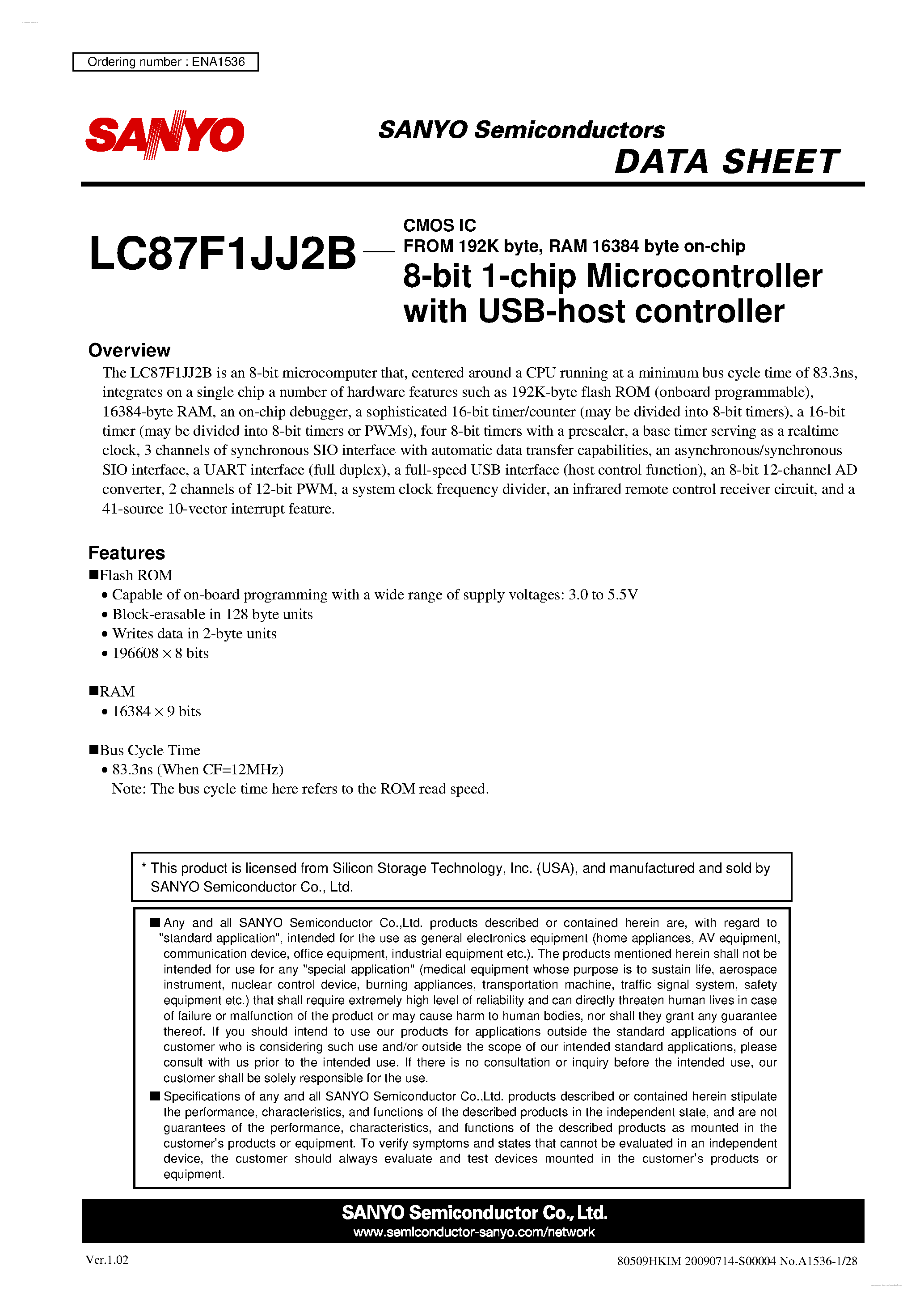 Datasheet LC87F1JJ2B - 8-bit 1-chip Microcontroller page 1