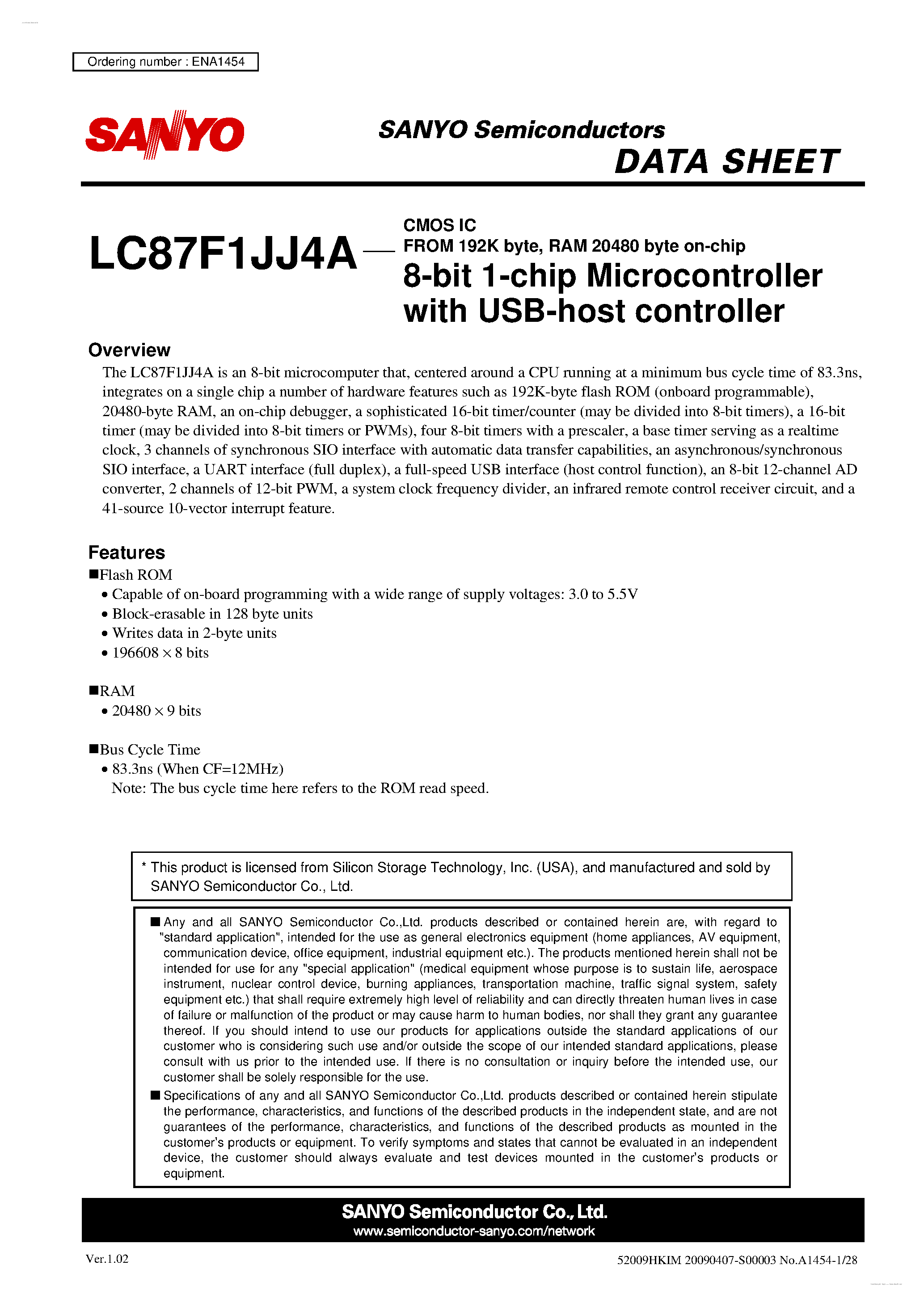 Datasheet LC87F1JJ4A - 8-bit 1-chip Microcontroller page 1