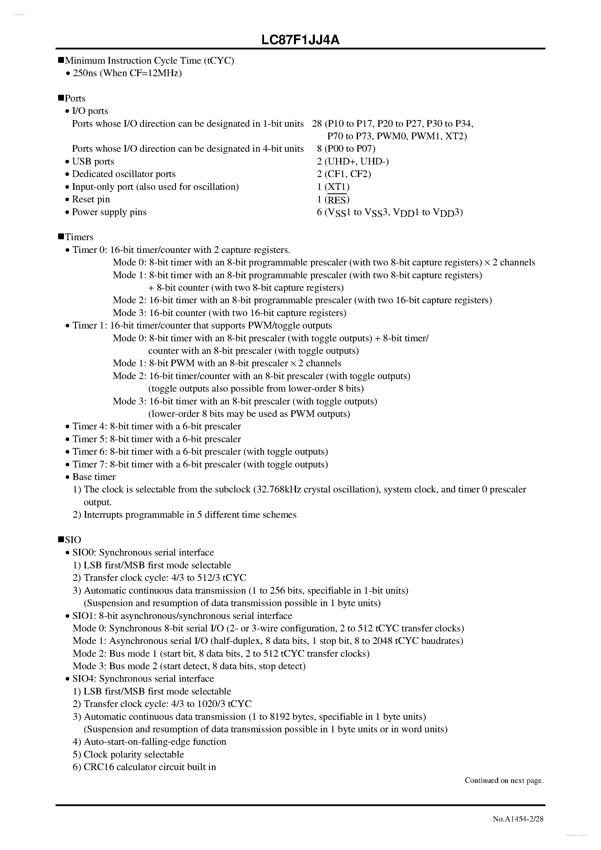 Datasheet LC87F1JJ4A - 8-bit 1-chip Microcontroller page 2