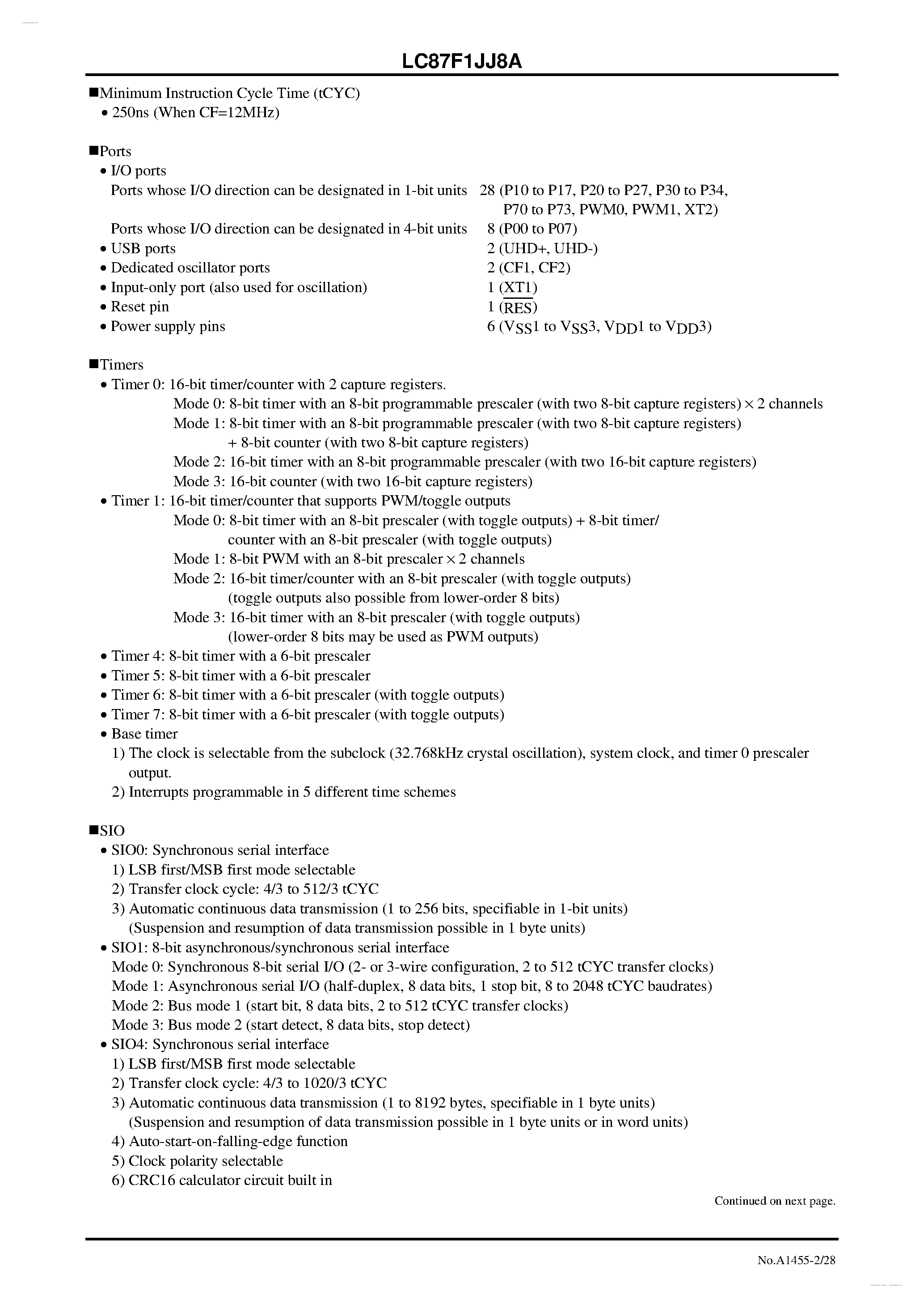 Datasheet LC87F1JJ8A - 8-bit 1-chip Microcontroller page 2