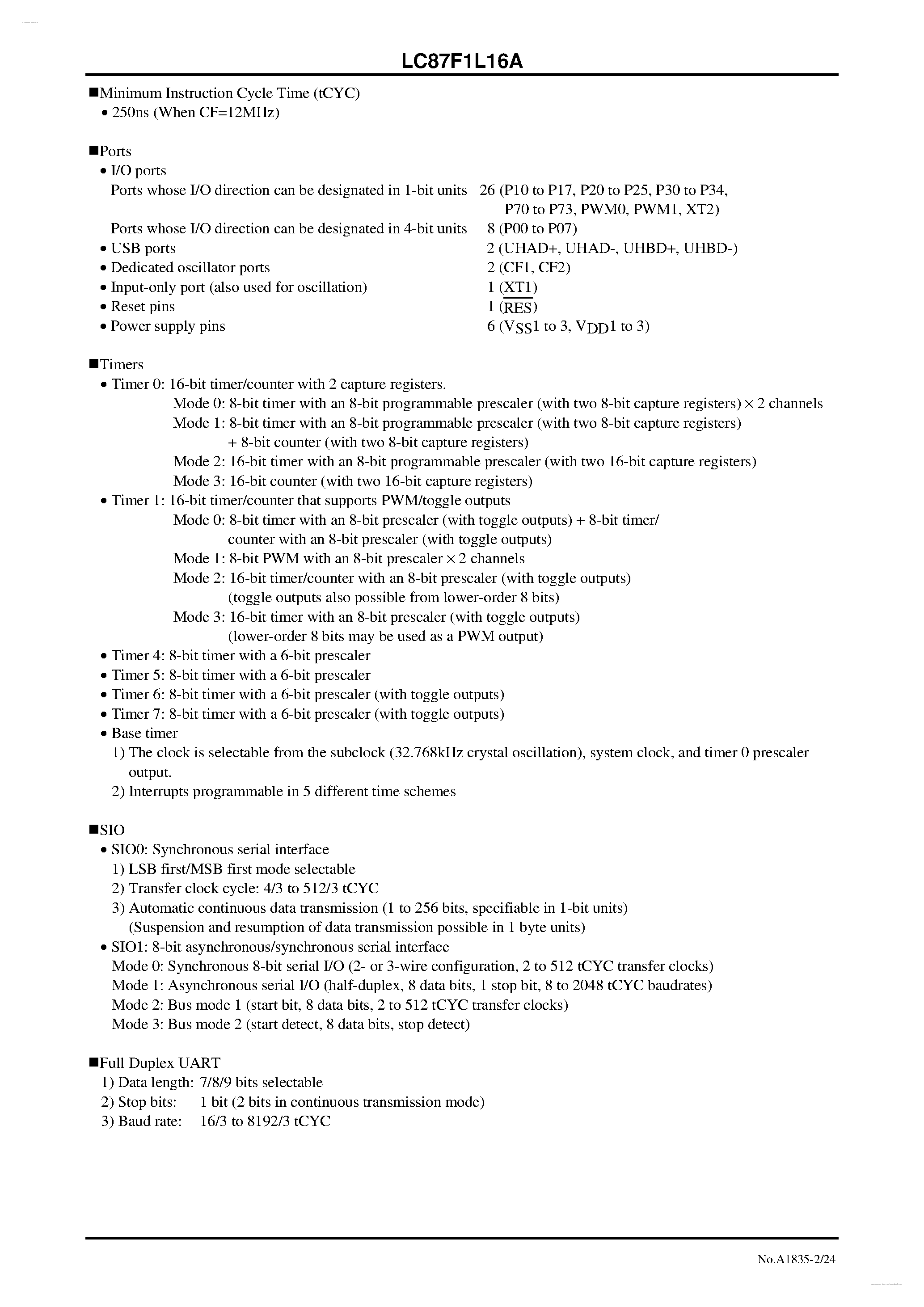 Datasheet LC87F1L16A - 8-bit 1-chip Microcontroller page 2