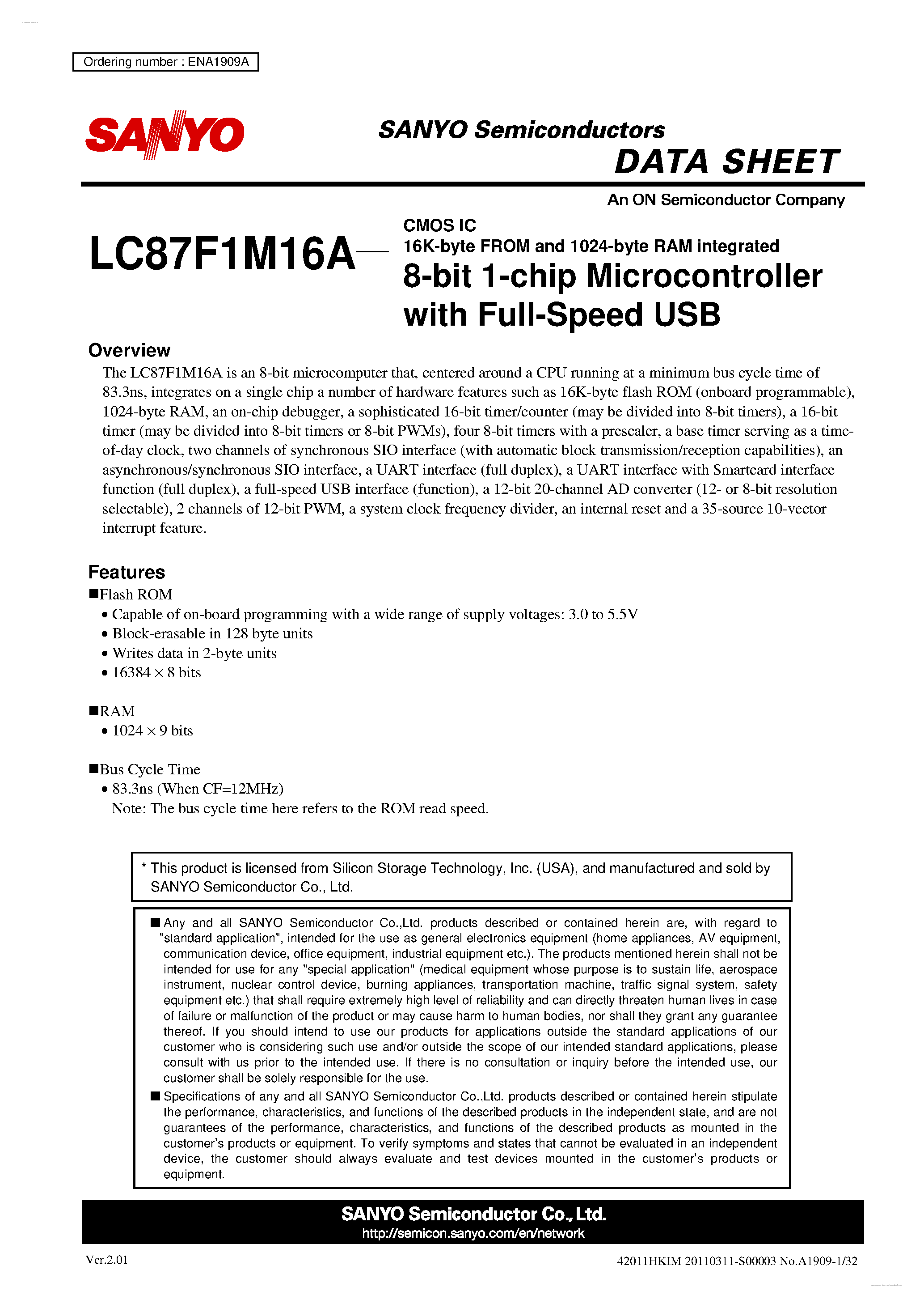 Datasheet LC87F1M16A - 8-bit 1-chip Microcontroller page 1