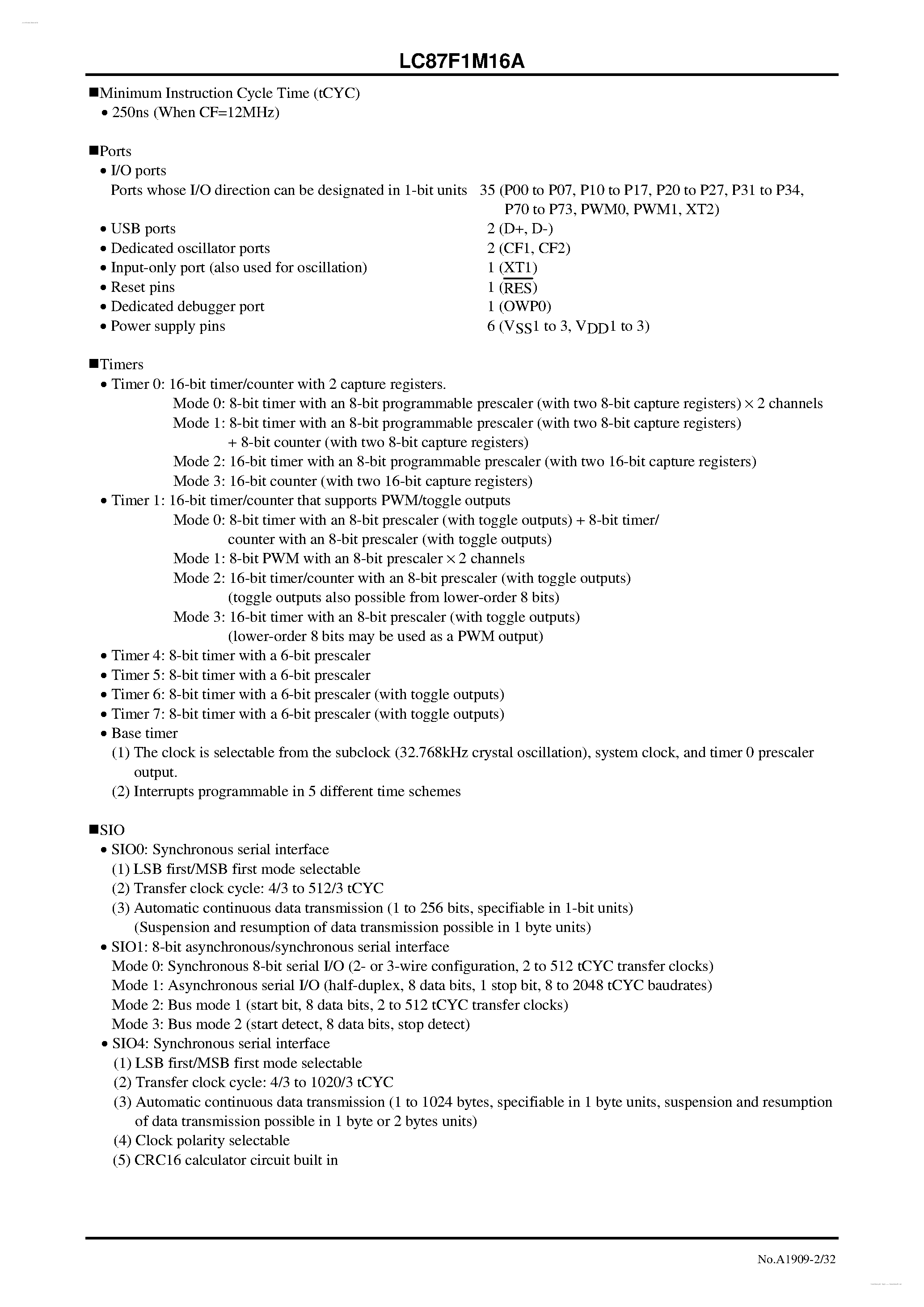 Datasheet LC87F1M16A - 8-bit 1-chip Microcontroller page 2