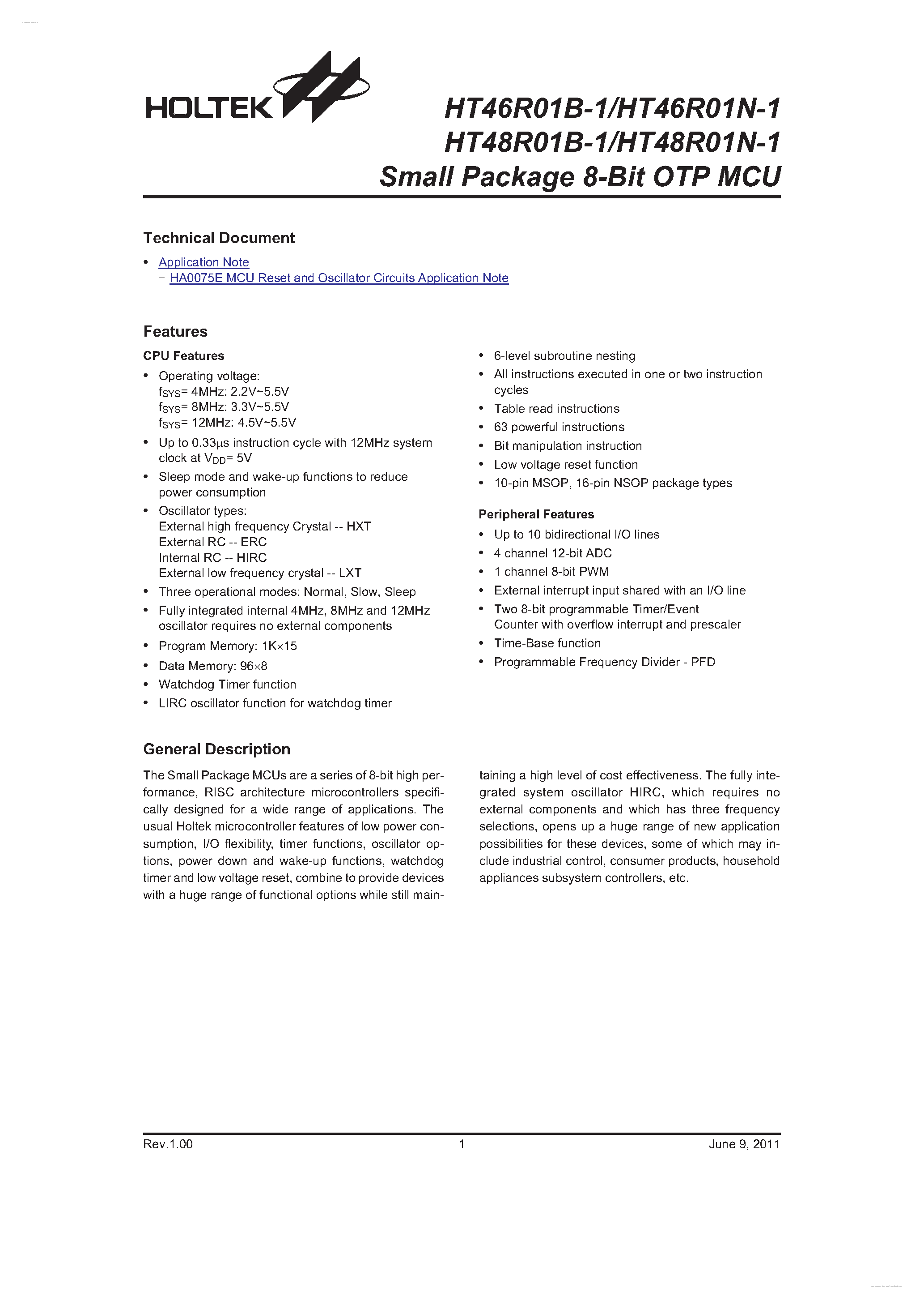 Datasheet HT46801B-1 - (HT4xR01x-1) Small Package 8-Bit OTP MCU page 1