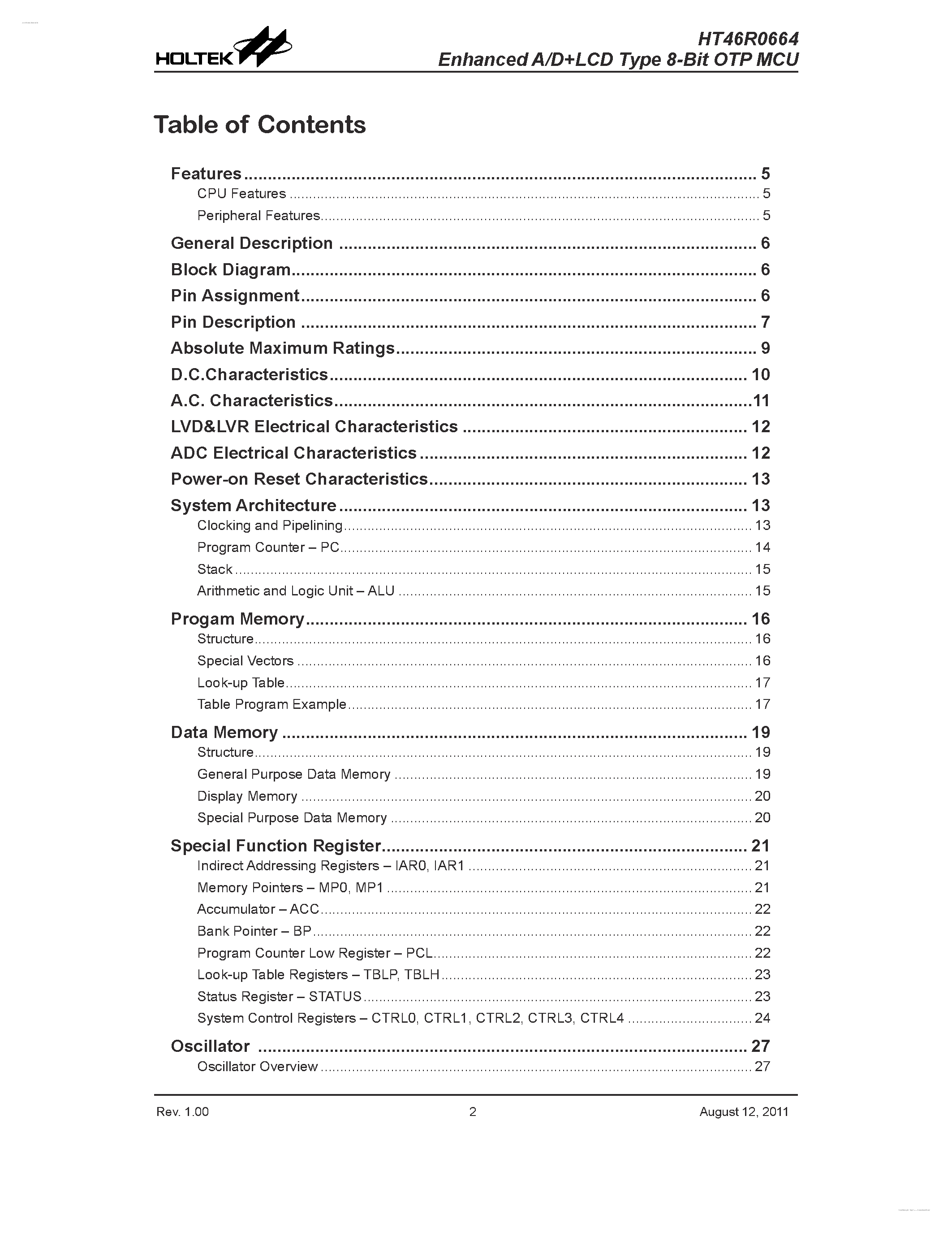 Datasheet HT46R0664 - Enhanced A/DLCD Type 8-Bit OTP MCU page 2