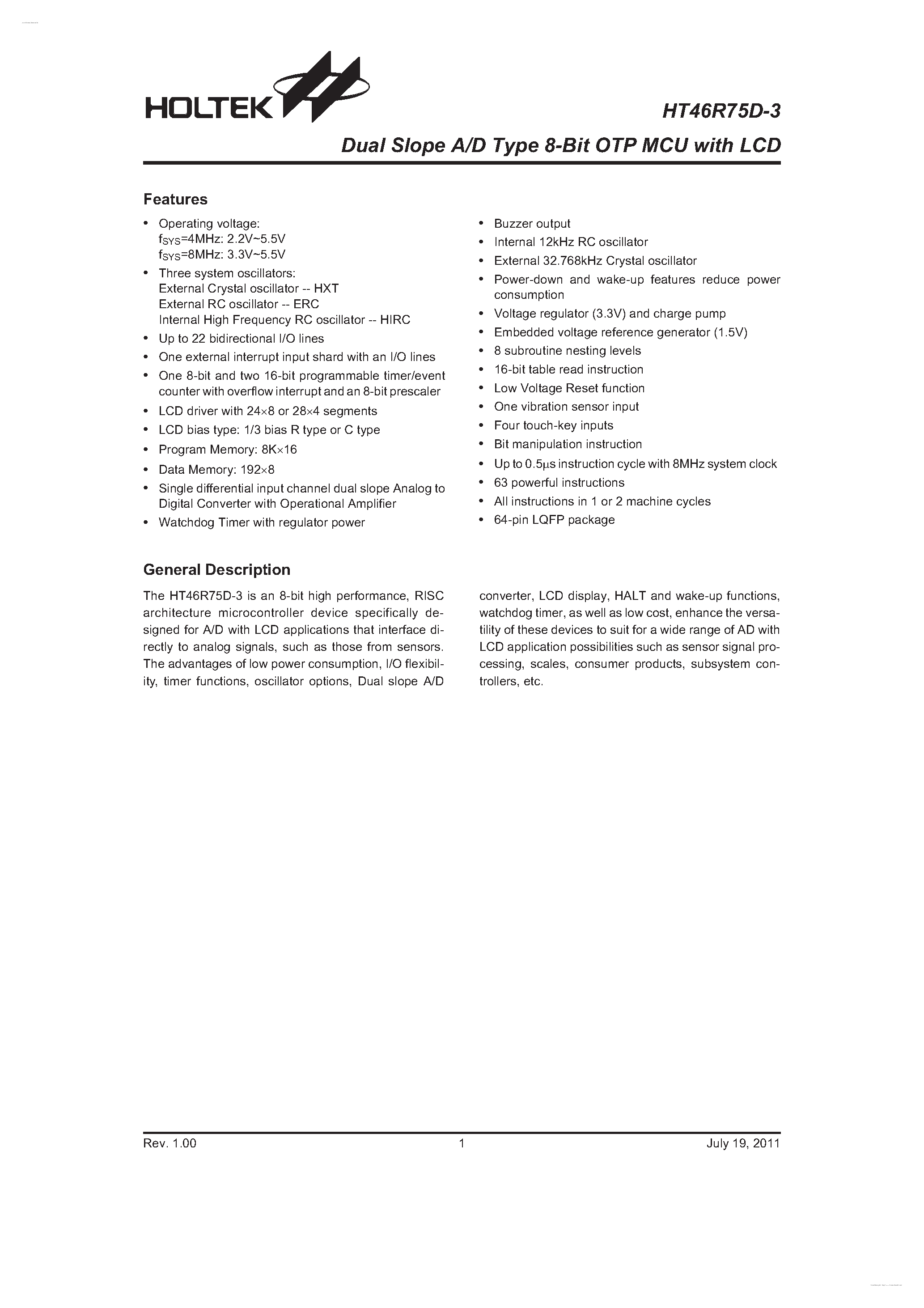 Даташит на микросхему HT46R75D-3 страница 1 Даташит HT46R75D-3 - Dual Slope A/D Type 8-Bit OTP MCU страница 1