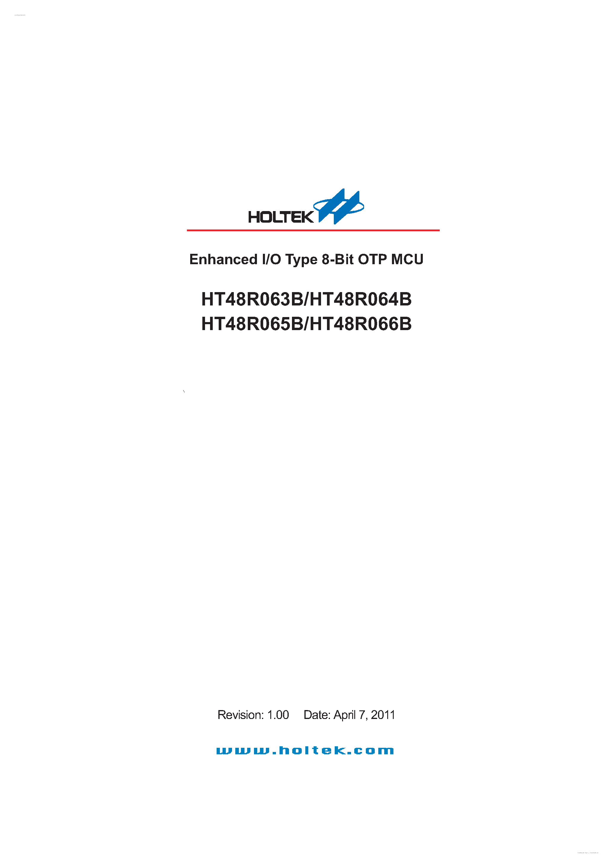 Datasheet HT48R063B page 1 Datasheet HT48R063B - (HT48R063B - HT48R066B) Enhanced I/O Type 8-Bit OTP MCU page 1