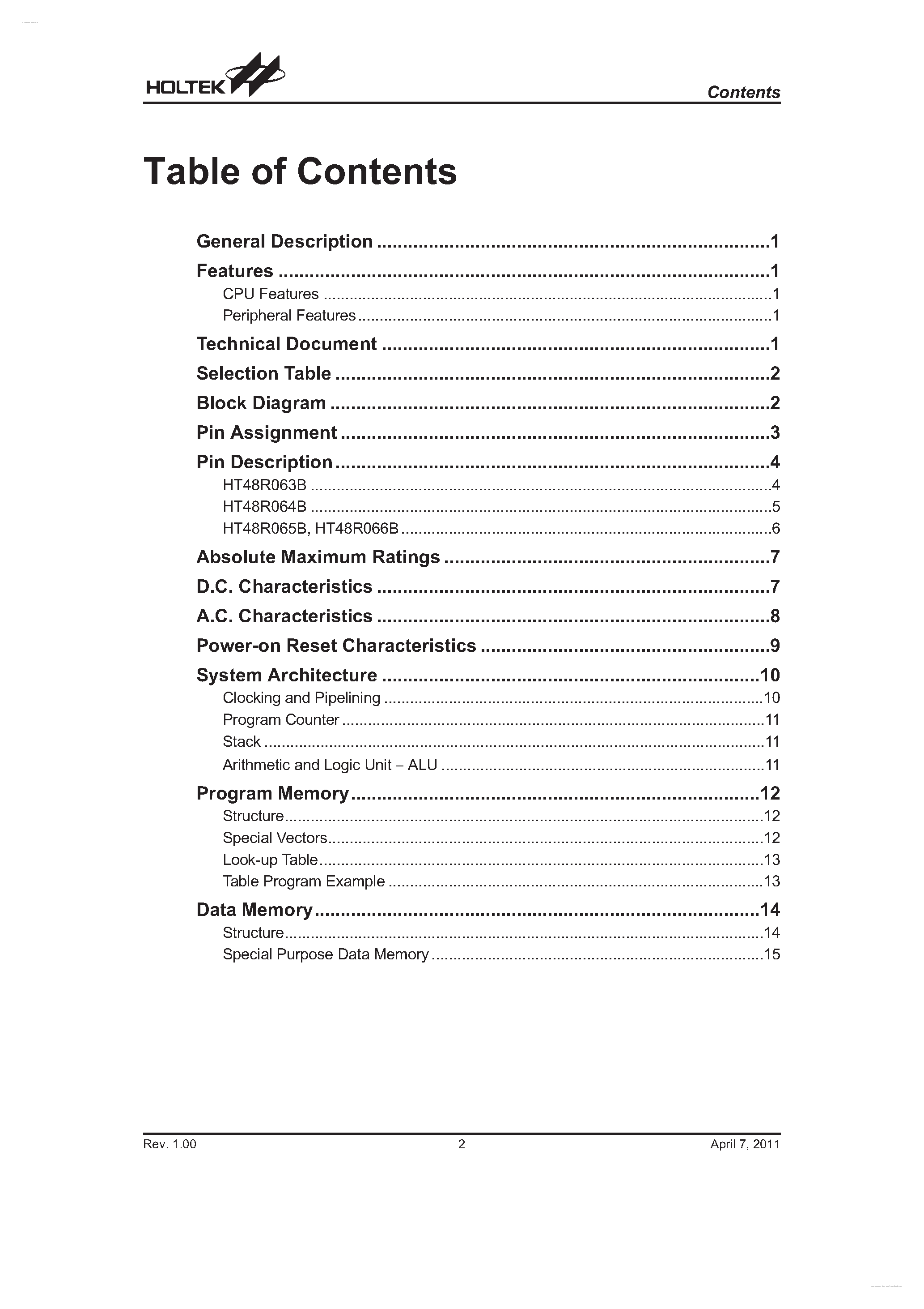 Datasheet HT48R063B page 2 Datasheet HT48R063B - (HT48R063B - HT48R066B) Enhanced I/O Type 8-Bit OTP MCU page 2